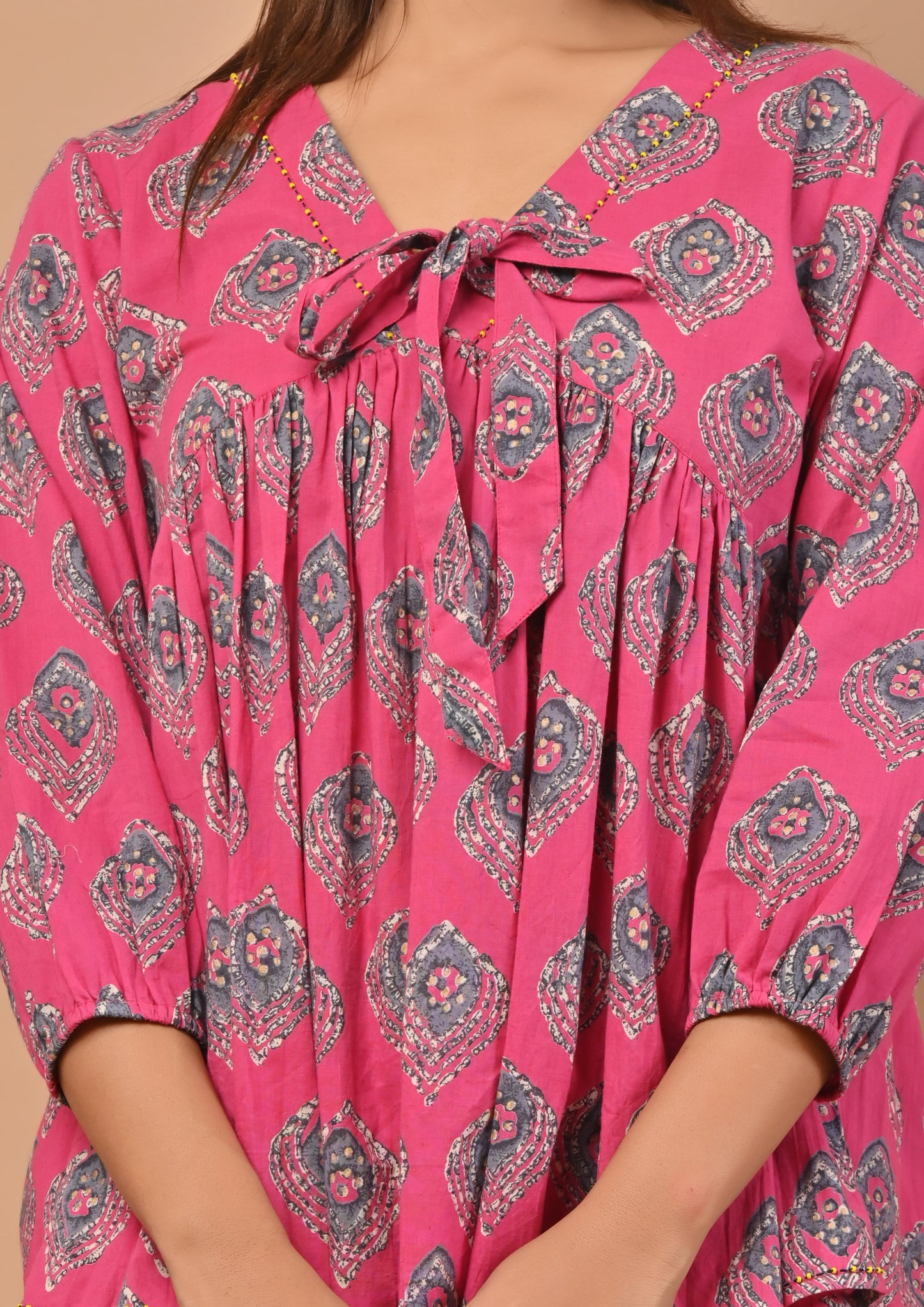 PUKHYA PINK COTTON PRINTED GATHERED TOP