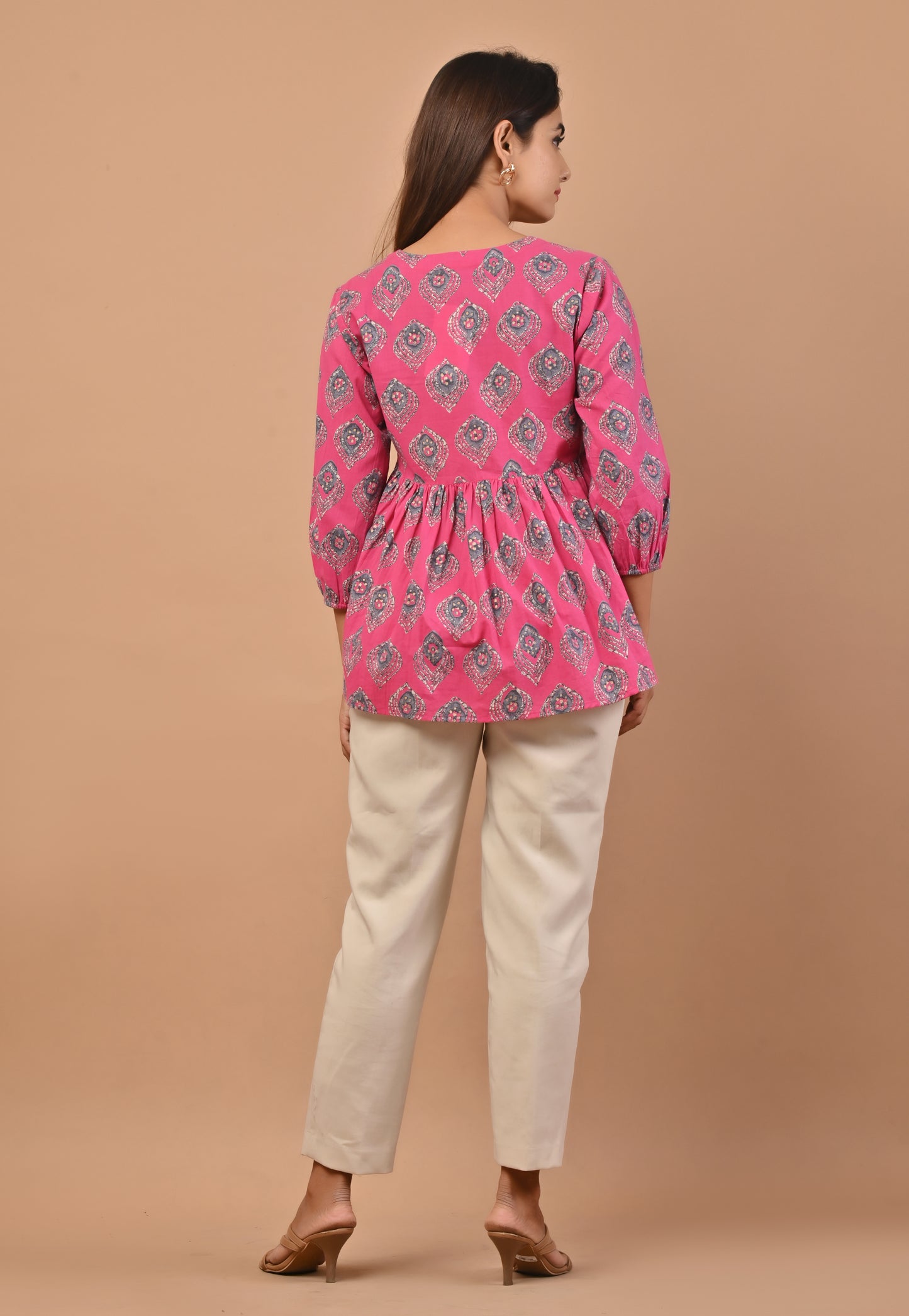 PUKHYA PINK COTTON PRINTED GATHERED TOP