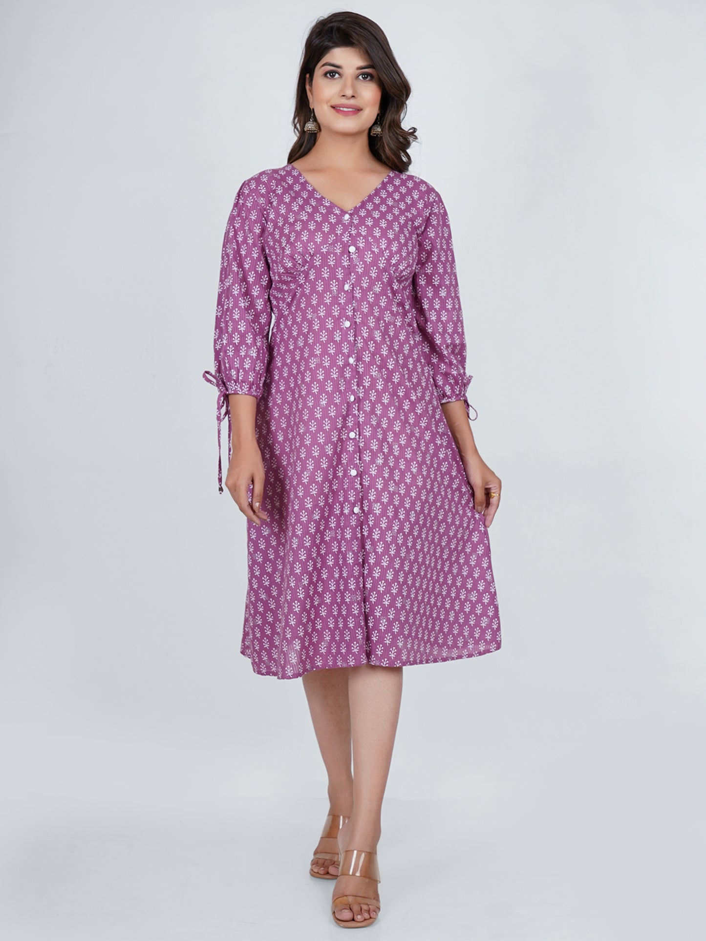 PUKHYA COTTON PURPLE PRINTED MIDI DRESS