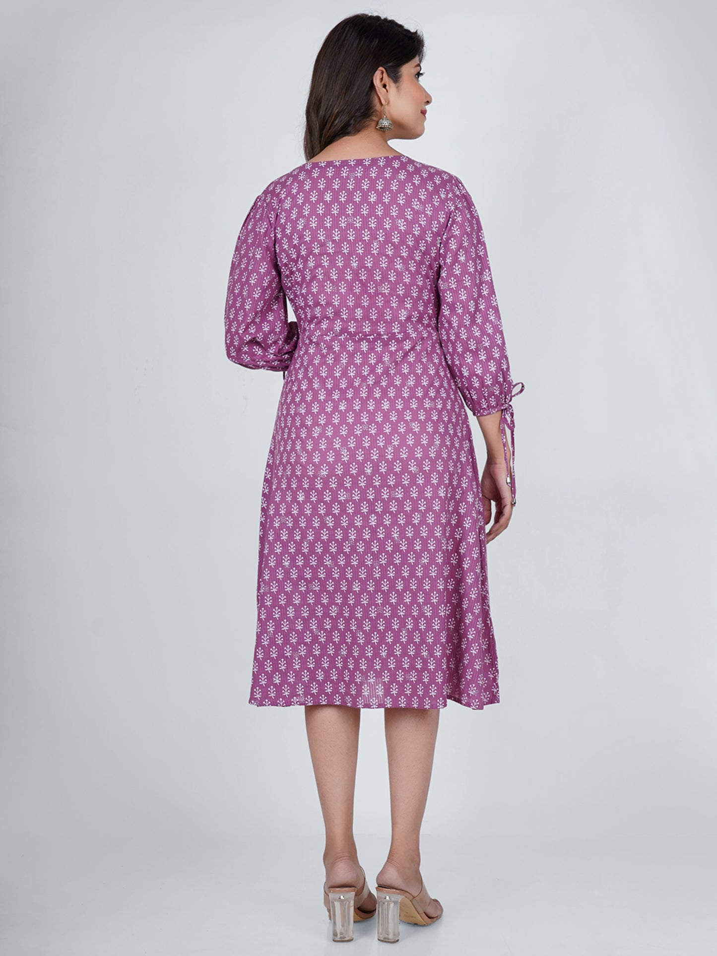 PUKHYA COTTON PURPLE PRINTED MIDI DRESS