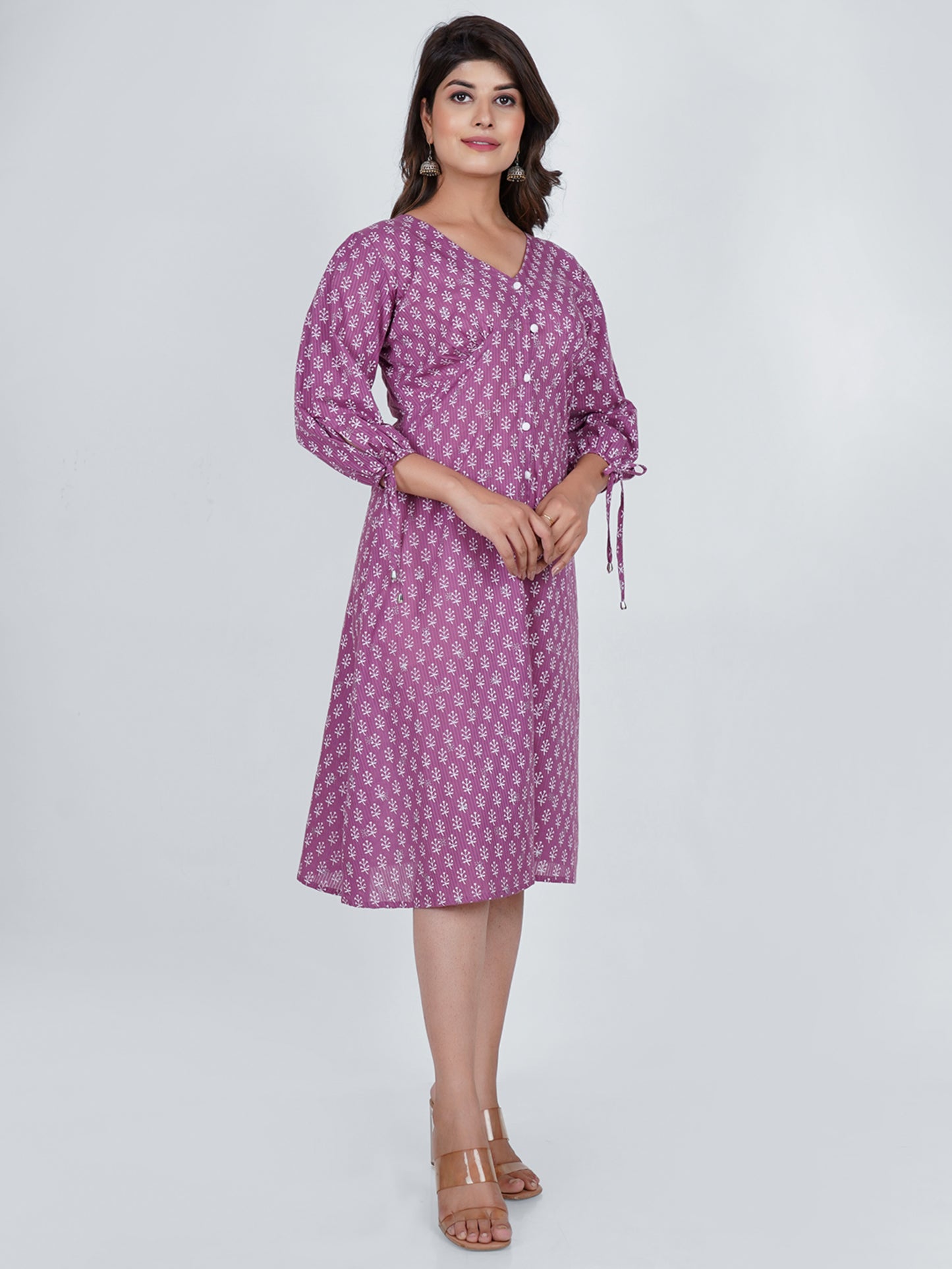 PUKHYA COTTON PURPLE PRINTED MIDI DRESS