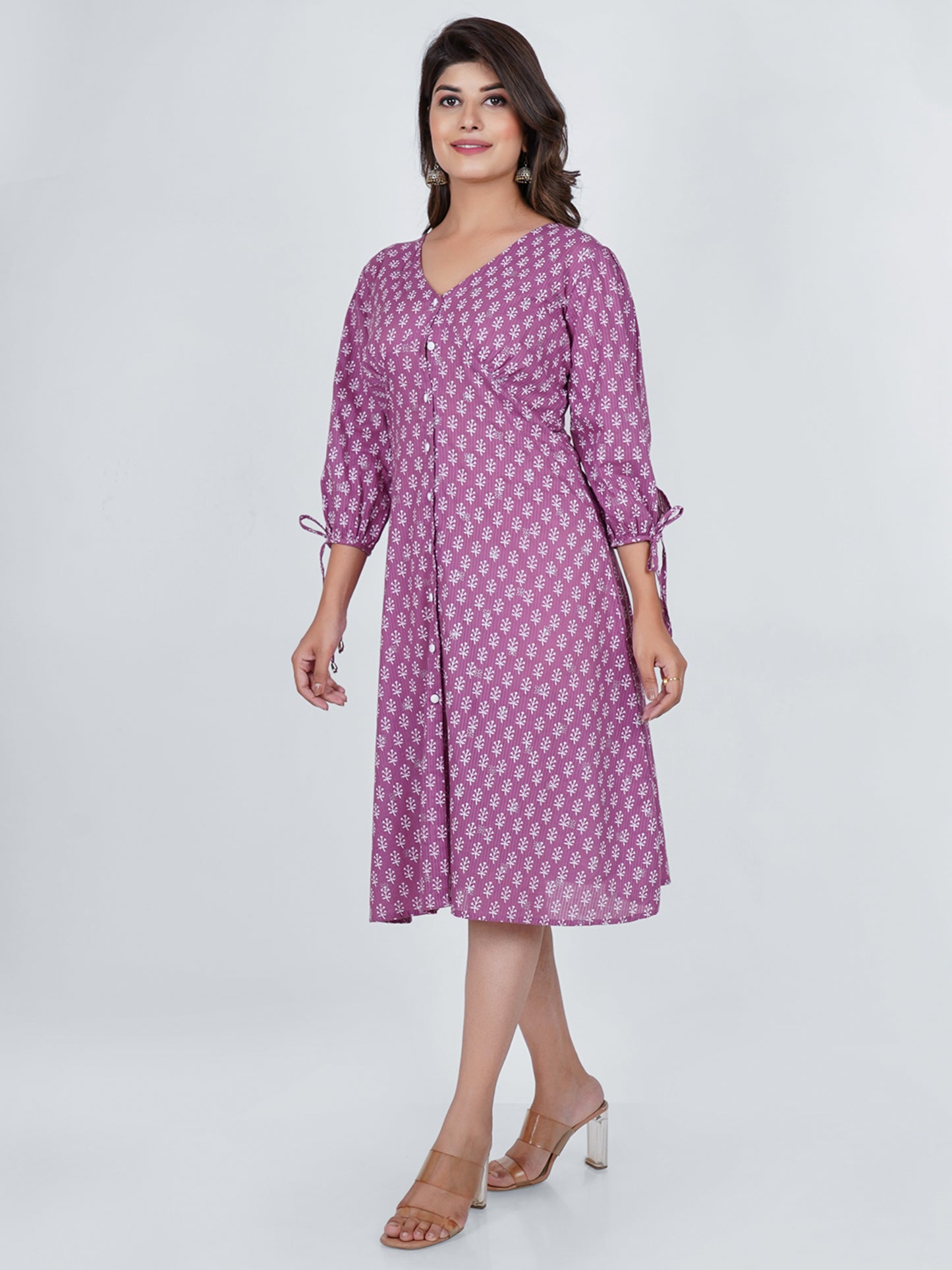 PUKHYA COTTON PURPLE PRINTED MIDI DRESS