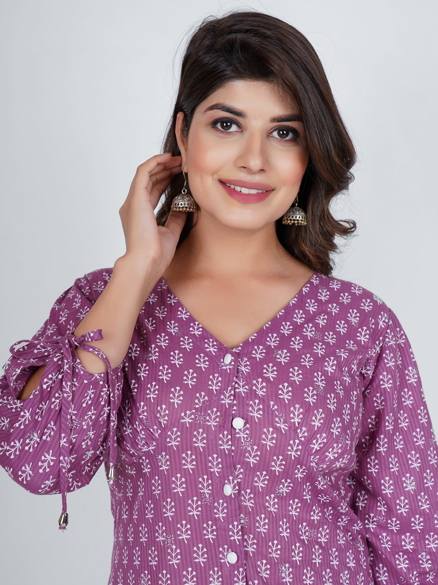 PUKHYA COTTON PURPLE PRINTED MIDI DRESS