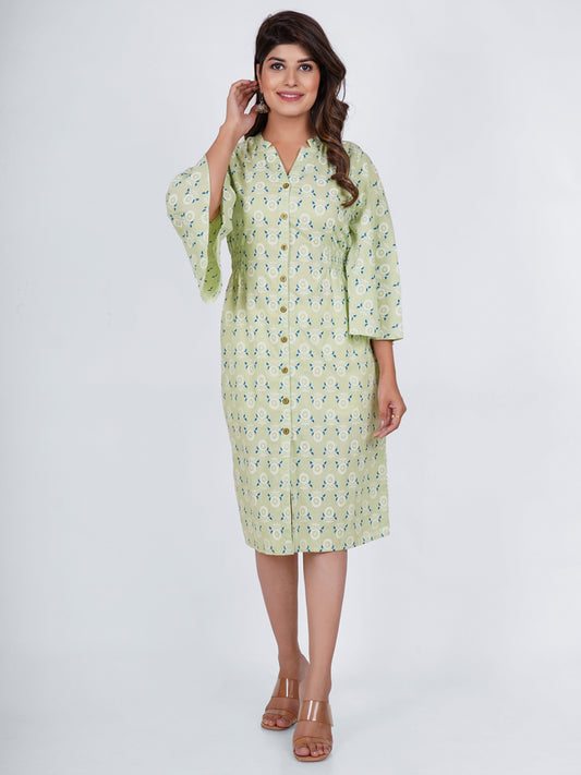 PUKHYA RAYON SEA GREEN PRINTED DRESS