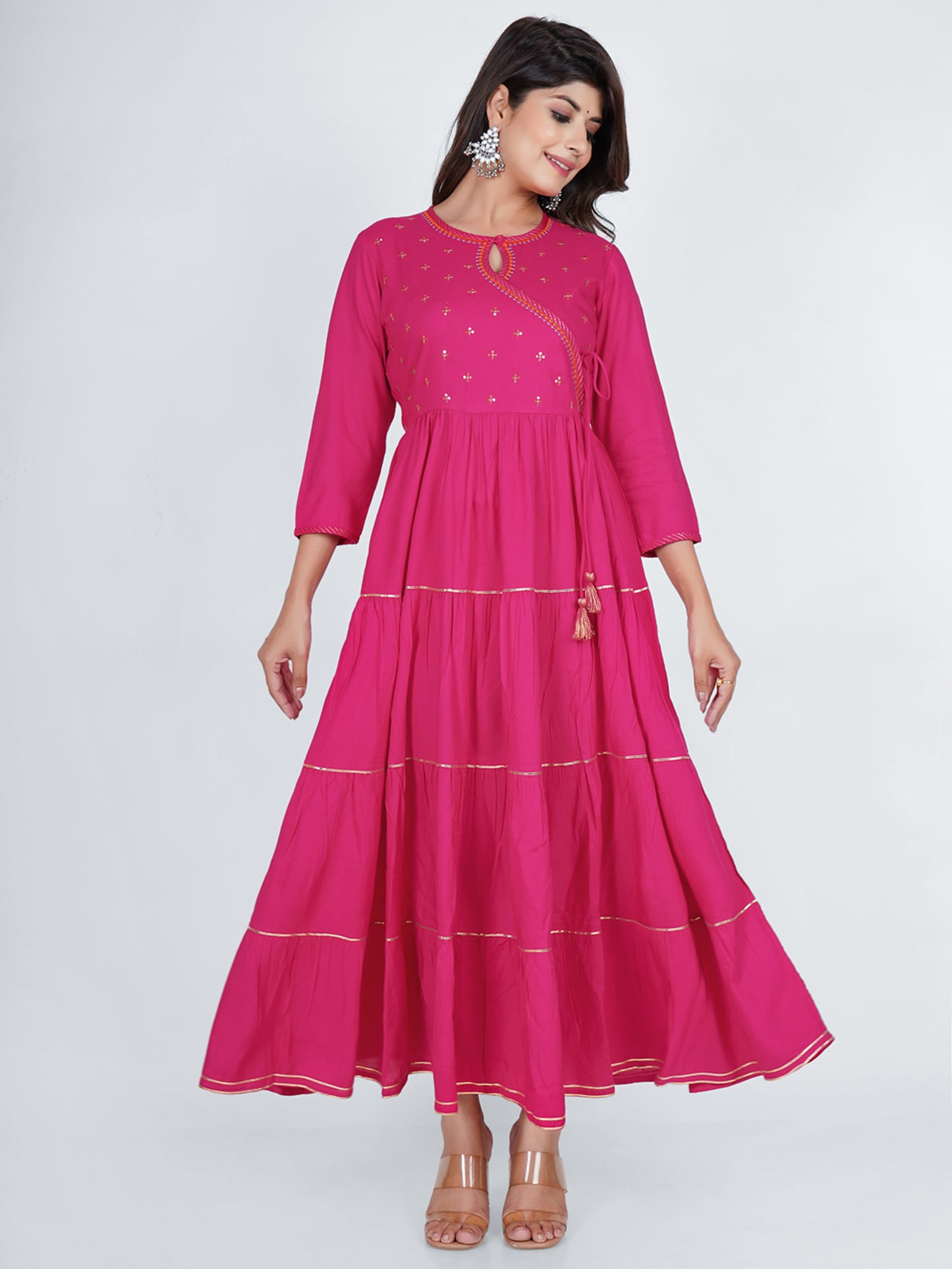 PUKHYA RAYON FUCHSIA ANGRAKHA PINK TIER DRESS