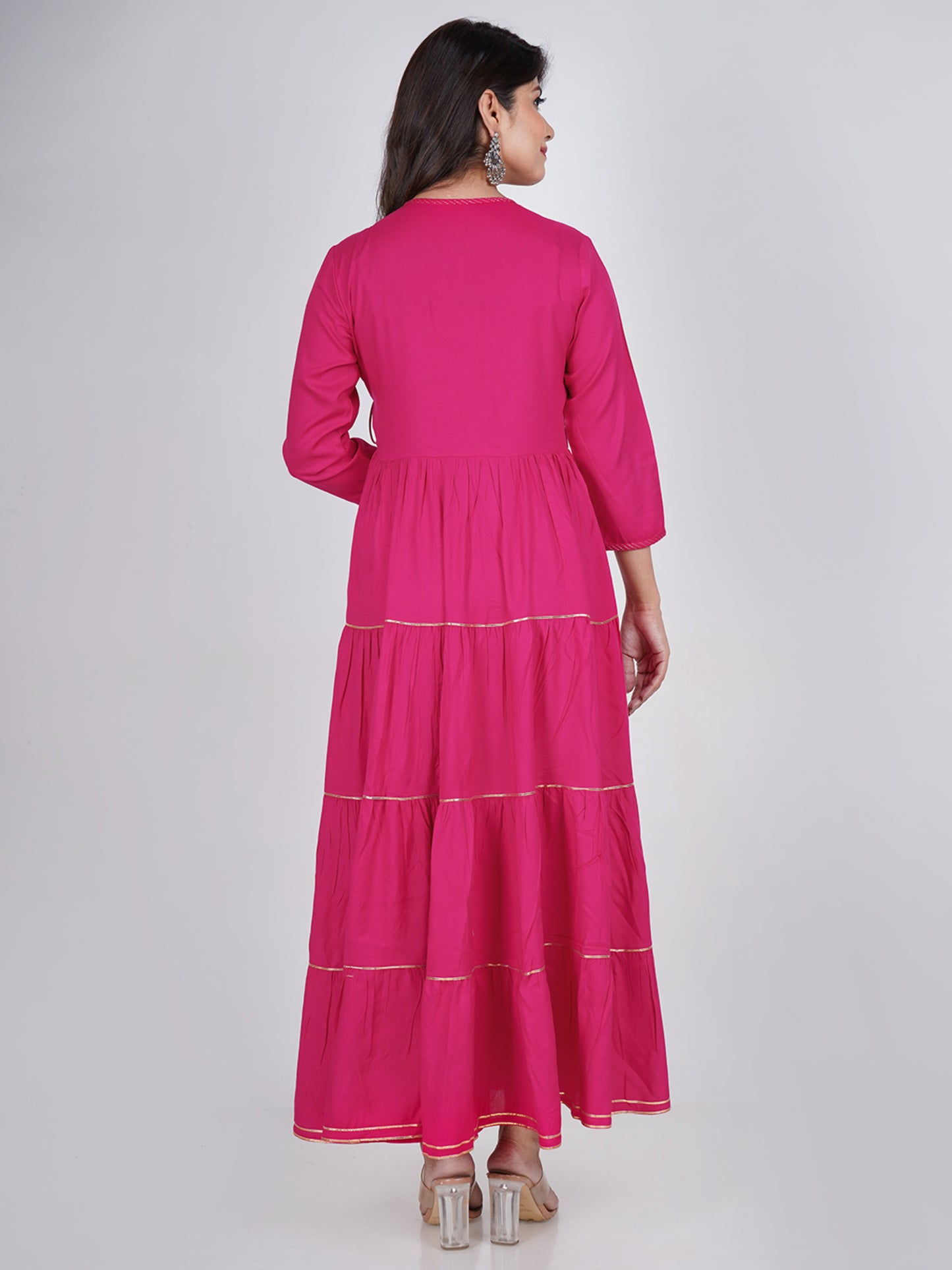 PUKHYA RAYON FUCHSIA ANGRAKHA PINK TIER DRESS