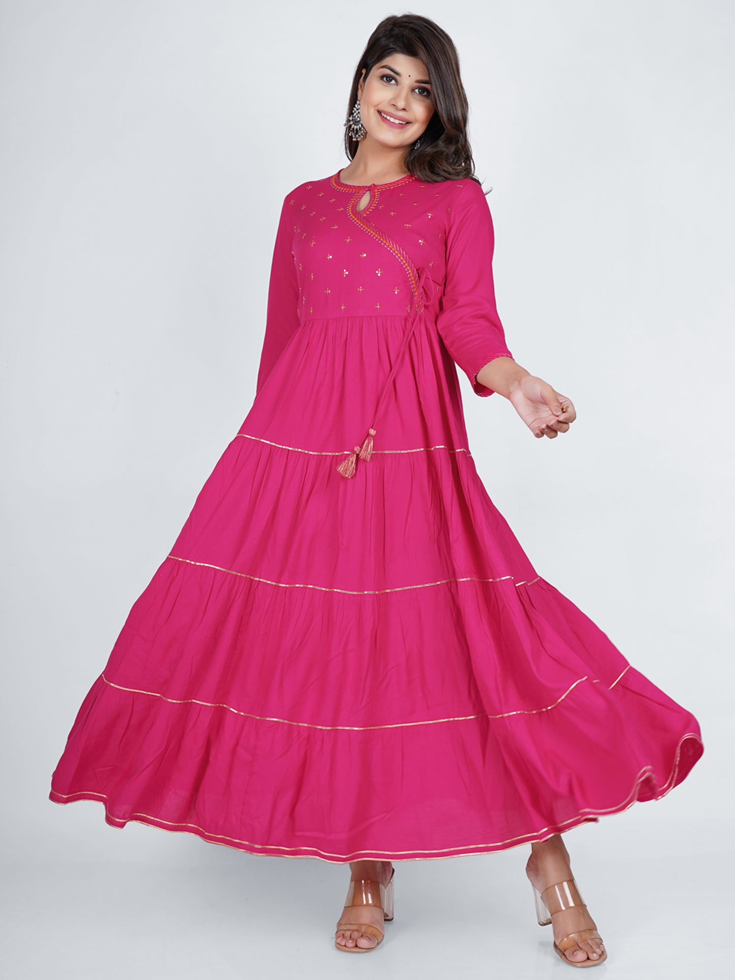 PUKHYA RAYON FUCHSIA ANGRAKHA PINK TIER DRESS