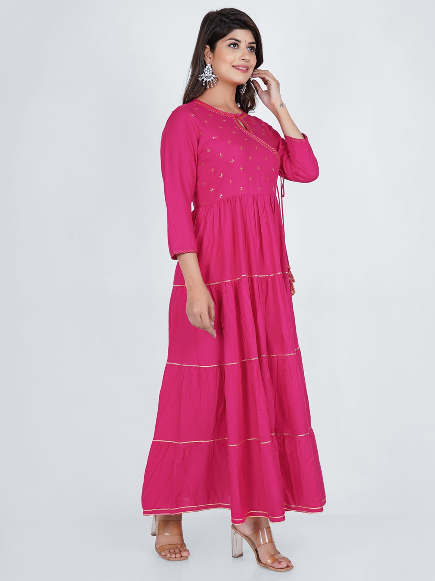 PUKHYA RAYON FUCHSIA ANGRAKHA PINK TIER DRESS