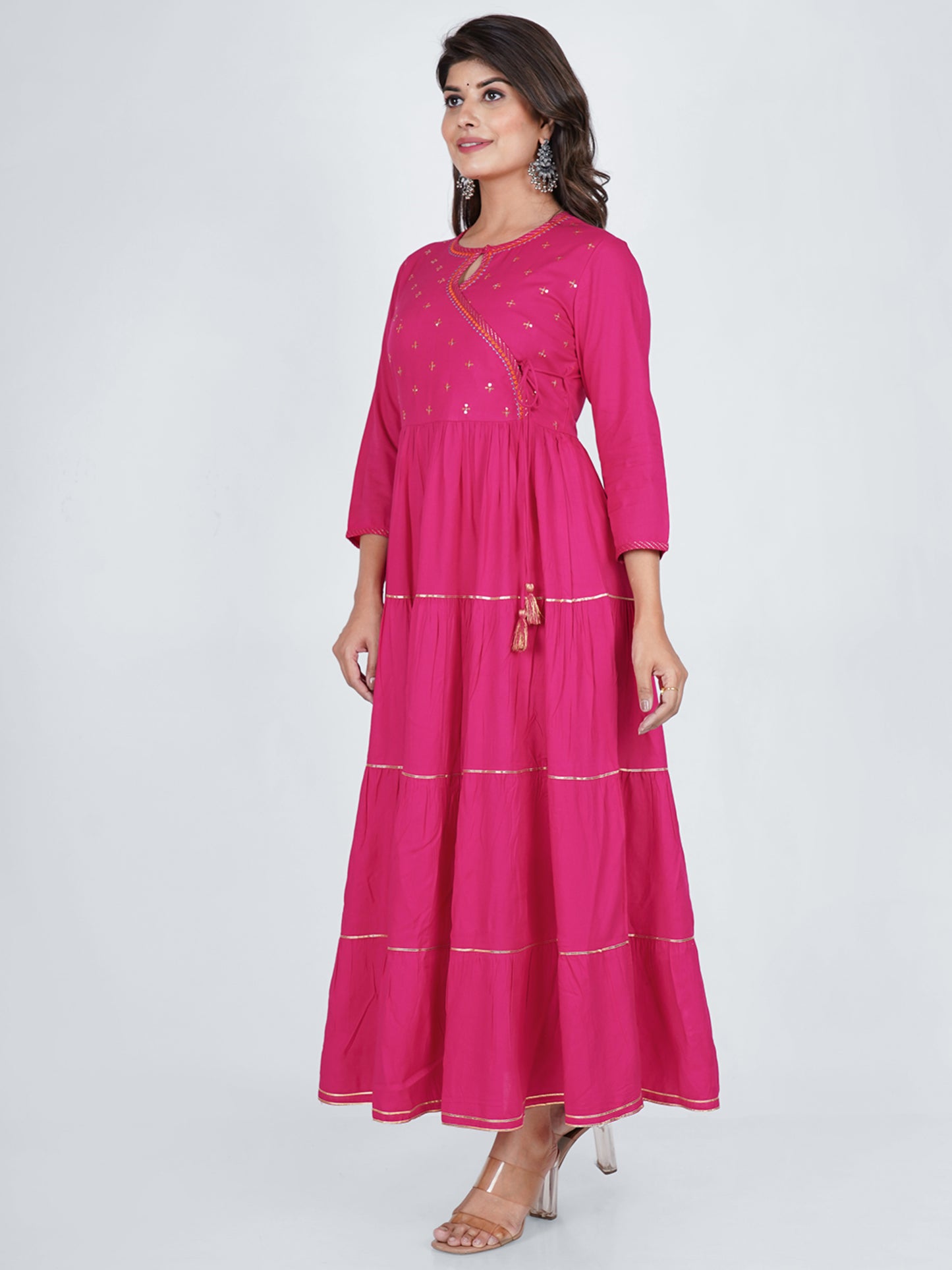 PUKHYA RAYON FUCHSIA ANGRAKHA PINK TIER DRESS