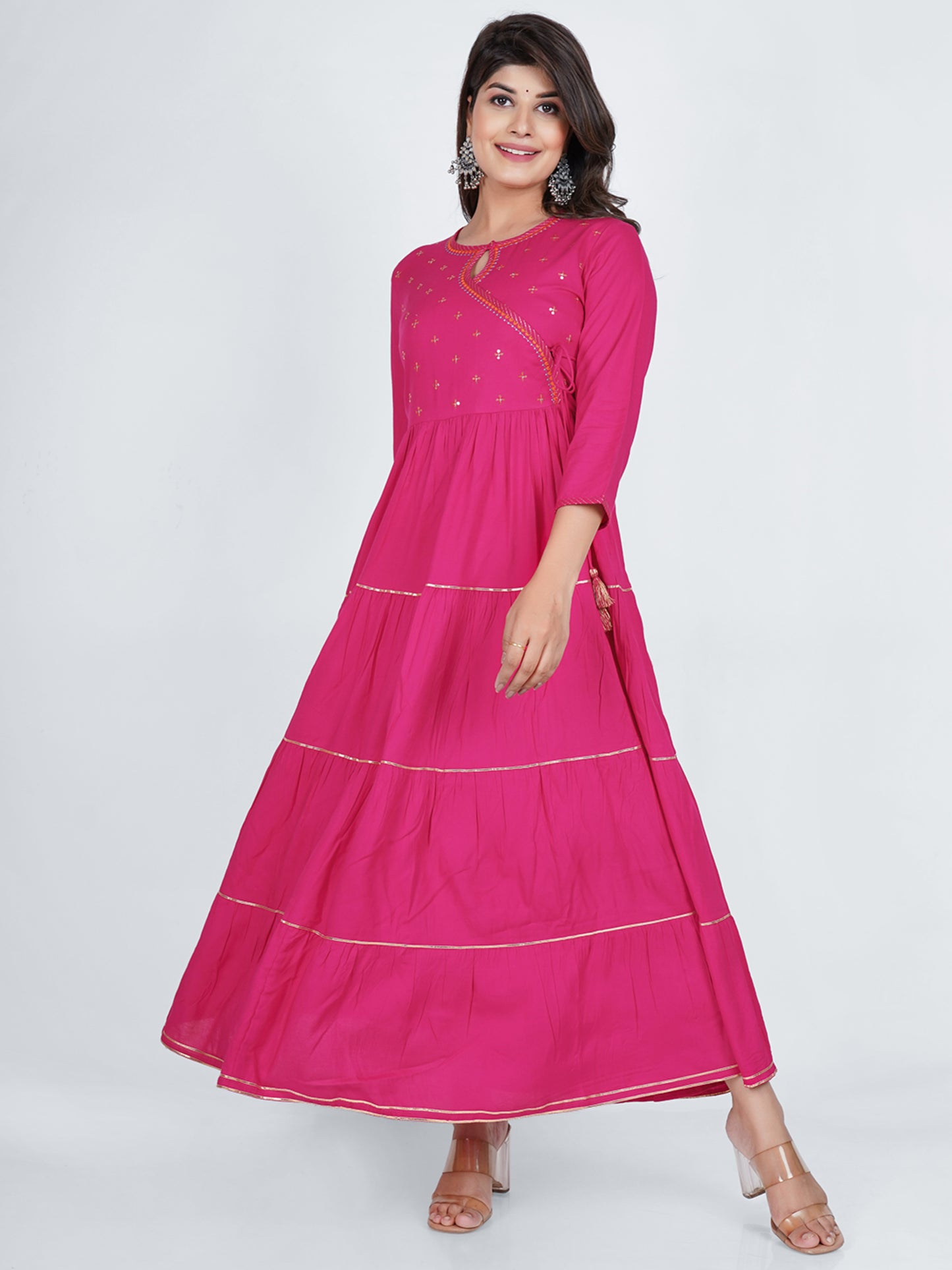 PUKHYA RAYON FUCHSIA ANGRAKHA PINK TIER DRESS