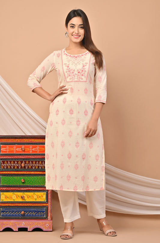 PUKHYA COTTON OFF WHITE PRINTED STRAIGHT KURTA WITH EMBROIDERY