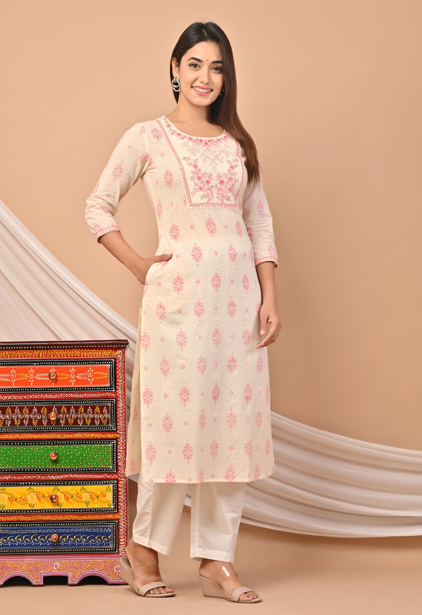 PUKHYA COTTON OFF WHITE PRINTED STRAIGHT KURTA WITH EMBROIDERY