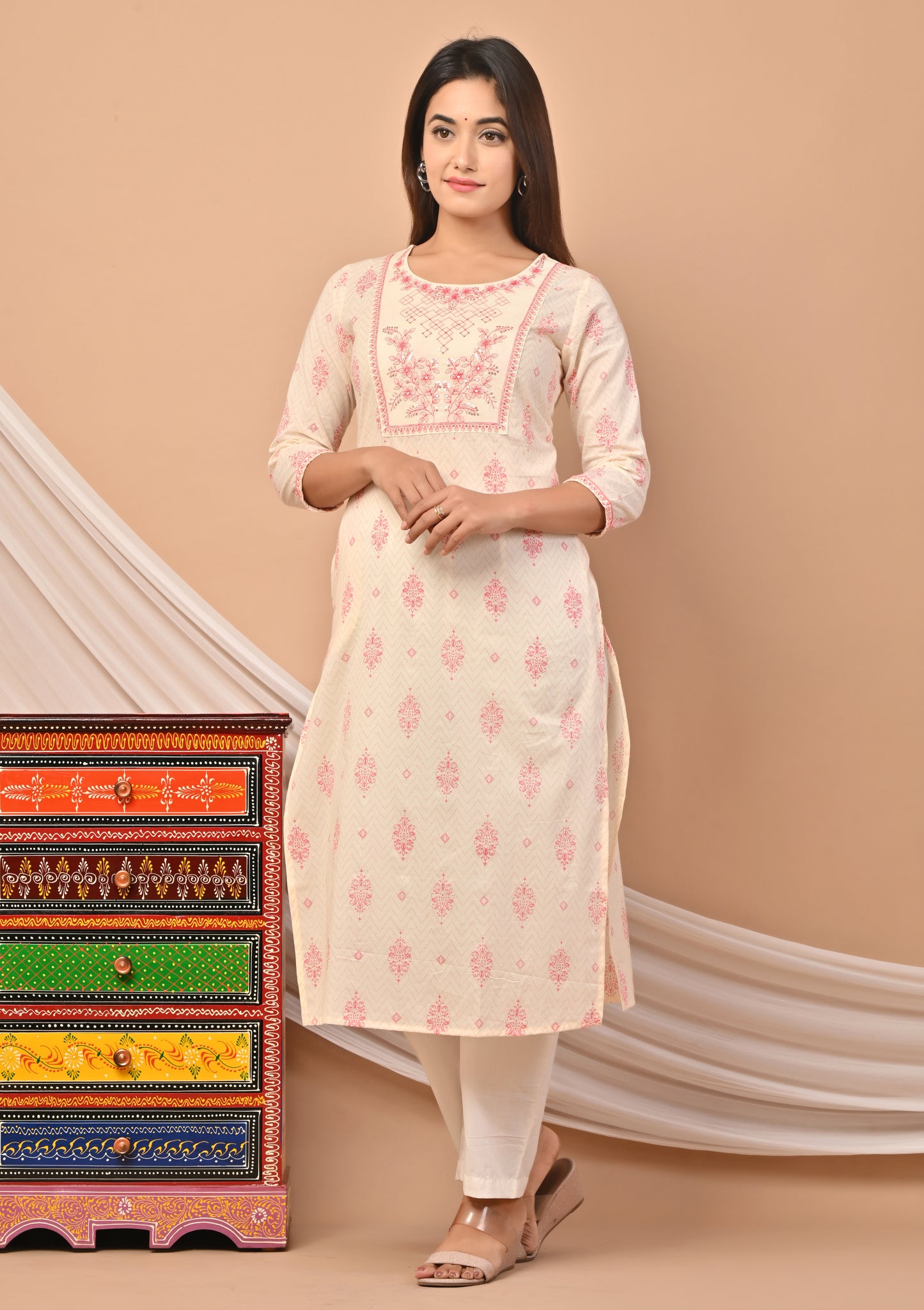 PUKHYA COTTON OFF WHITE PRINTED STRAIGHT KURTA WITH EMBROIDERY