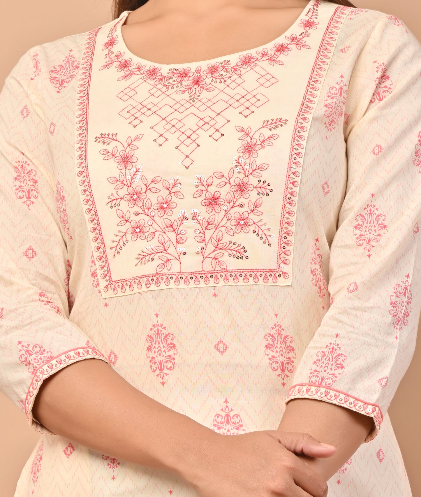 PUKHYA COTTON OFF WHITE PRINTED STRAIGHT KURTA WITH EMBROIDERY