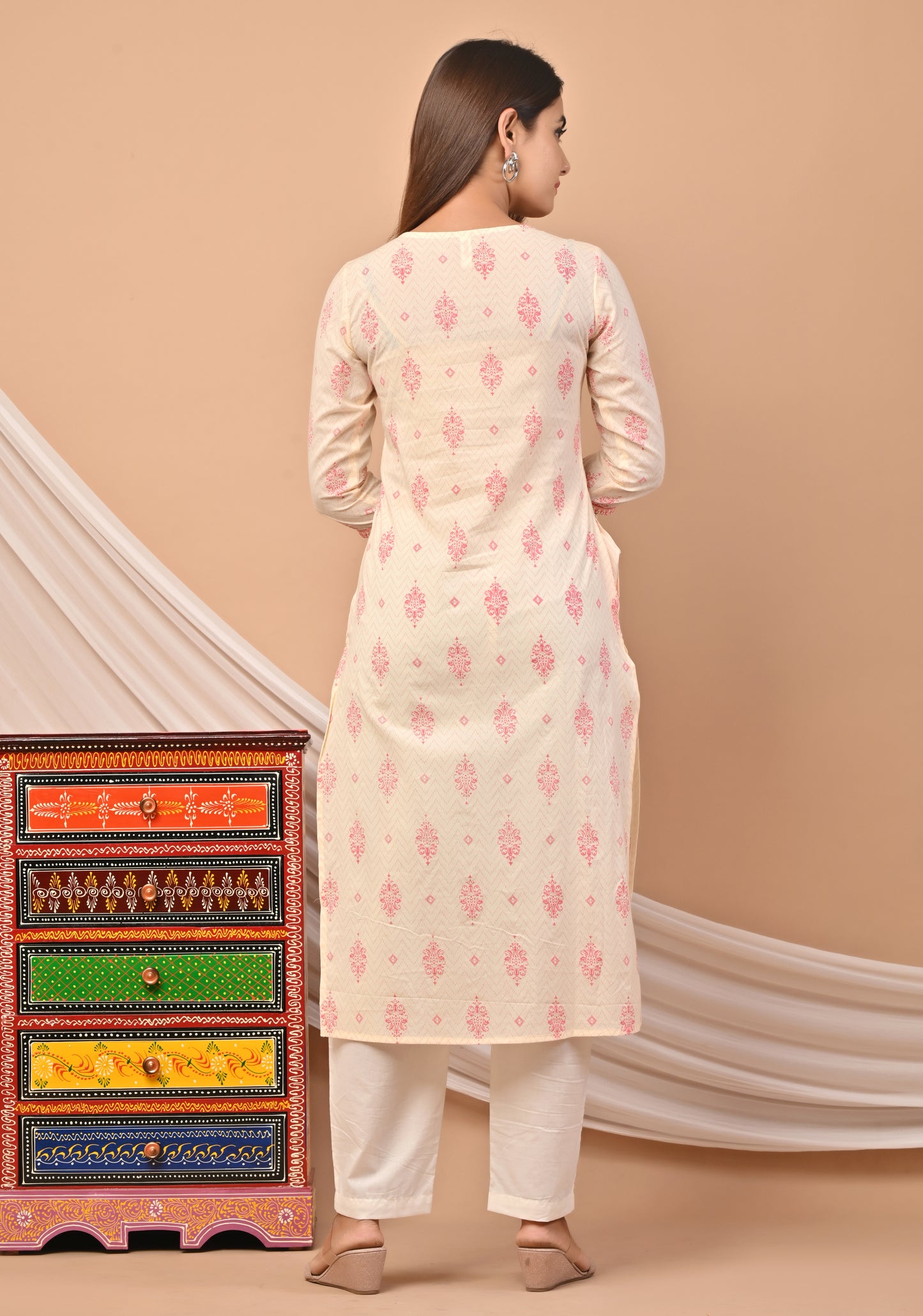 PUKHYA COTTON OFF WHITE PRINTED STRAIGHT KURTA WITH EMBROIDERY