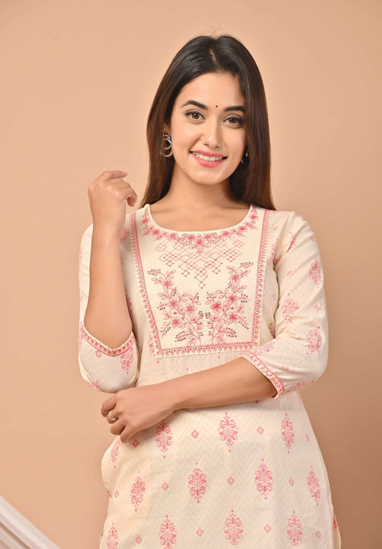 PUKHYA COTTON OFF WHITE PRINTED STRAIGHT KURTA WITH EMBROIDERY