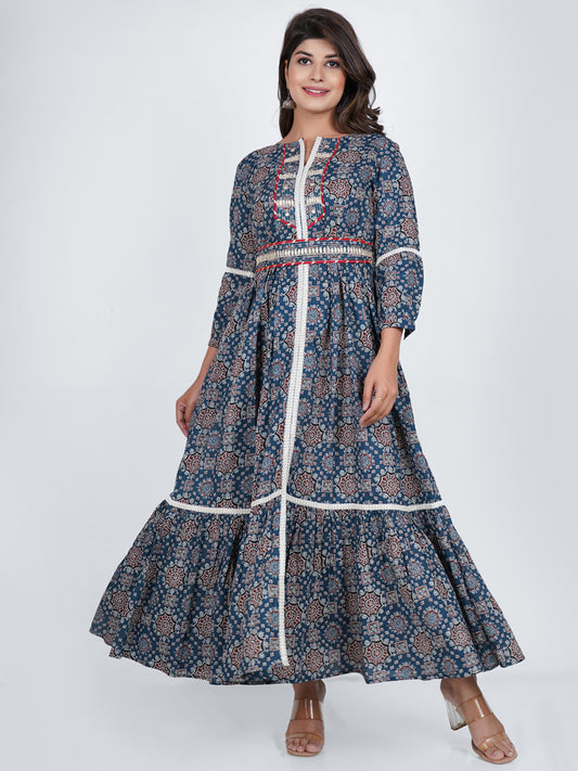 PUKHYA AJHRAKH COTTON PRINTED TIER DRESS WITH BELT