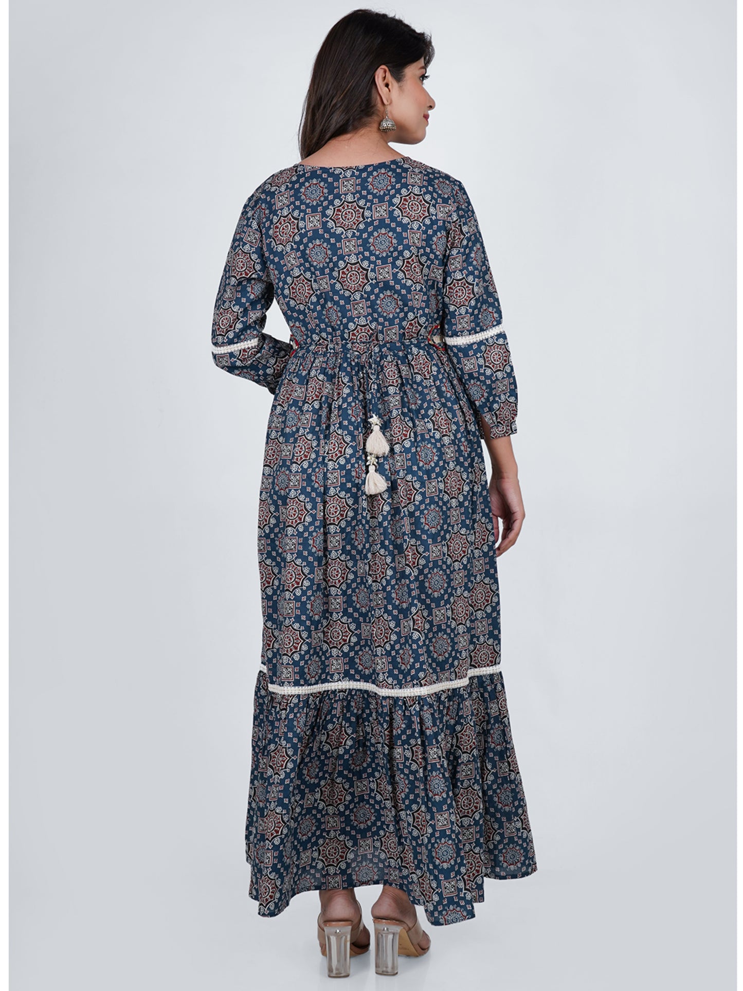 PUKHYA AJHRAKH COTTON PRINTED TIER DRESS WITH BELT