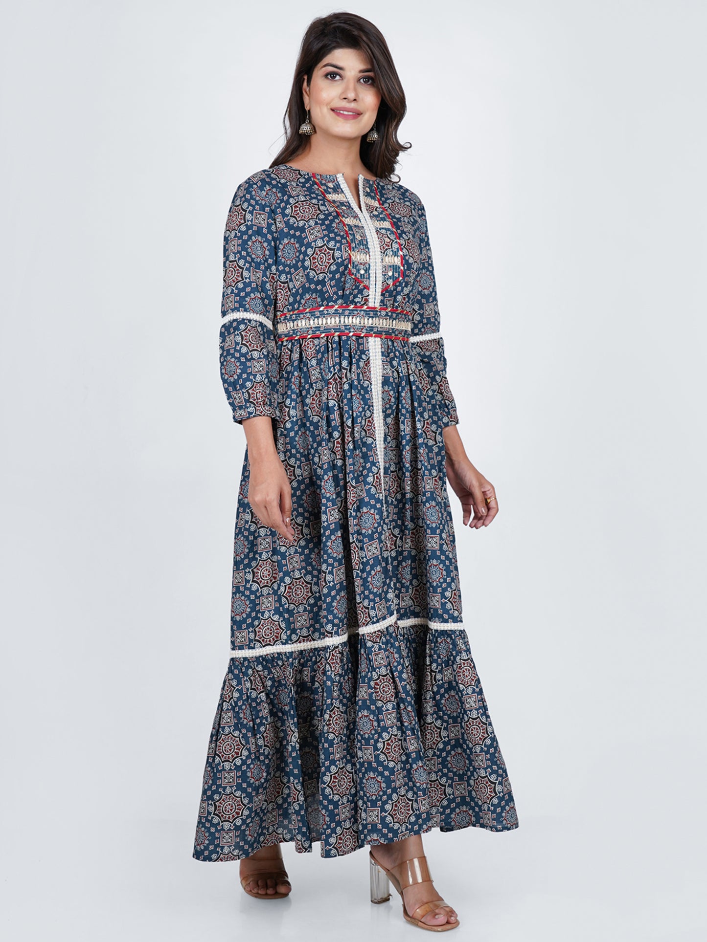 PUKHYA AJHRAKH COTTON PRINTED TIER DRESS WITH BELT