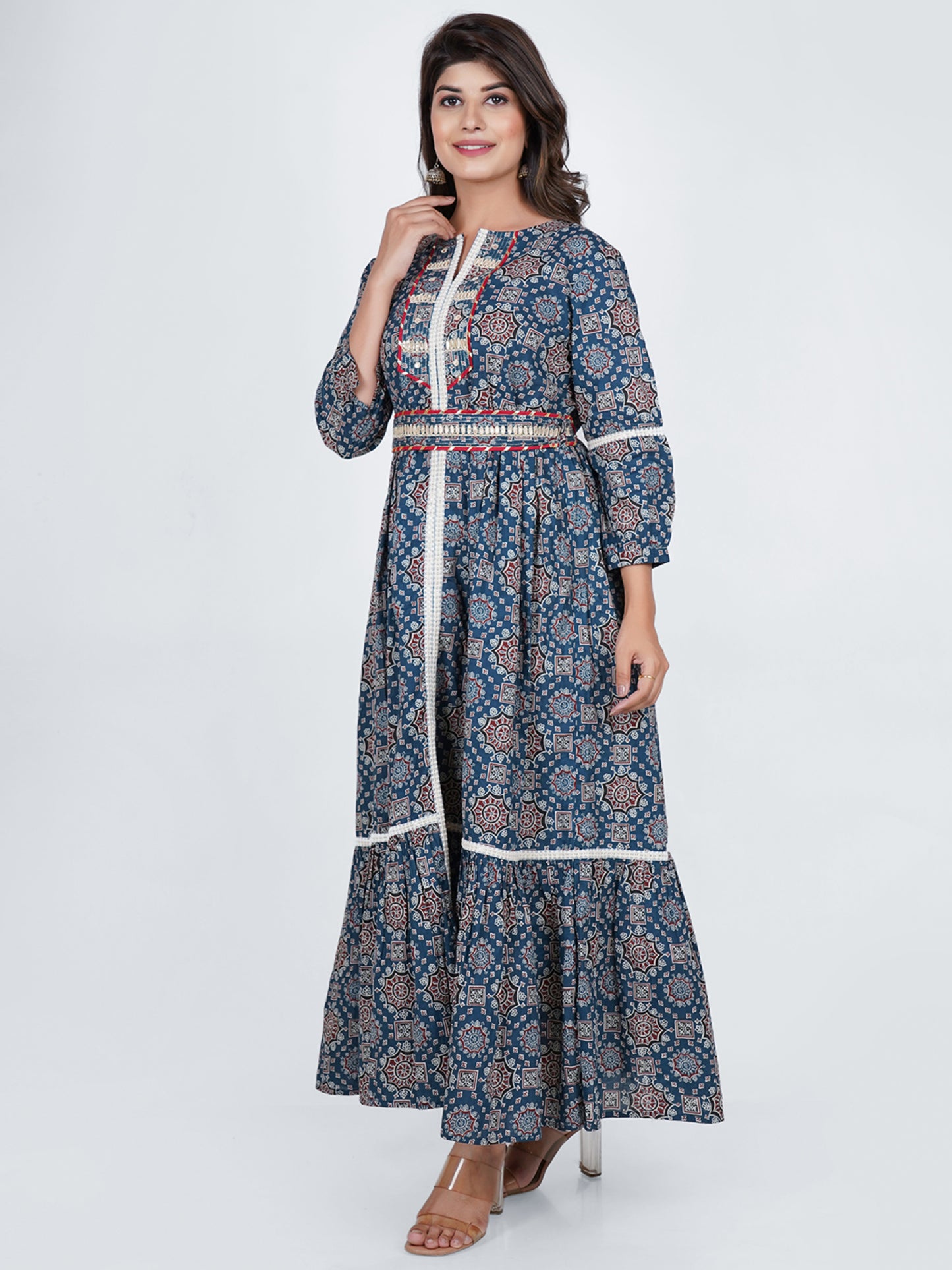 PUKHYA AJHRAKH COTTON PRINTED TIER DRESS WITH BELT