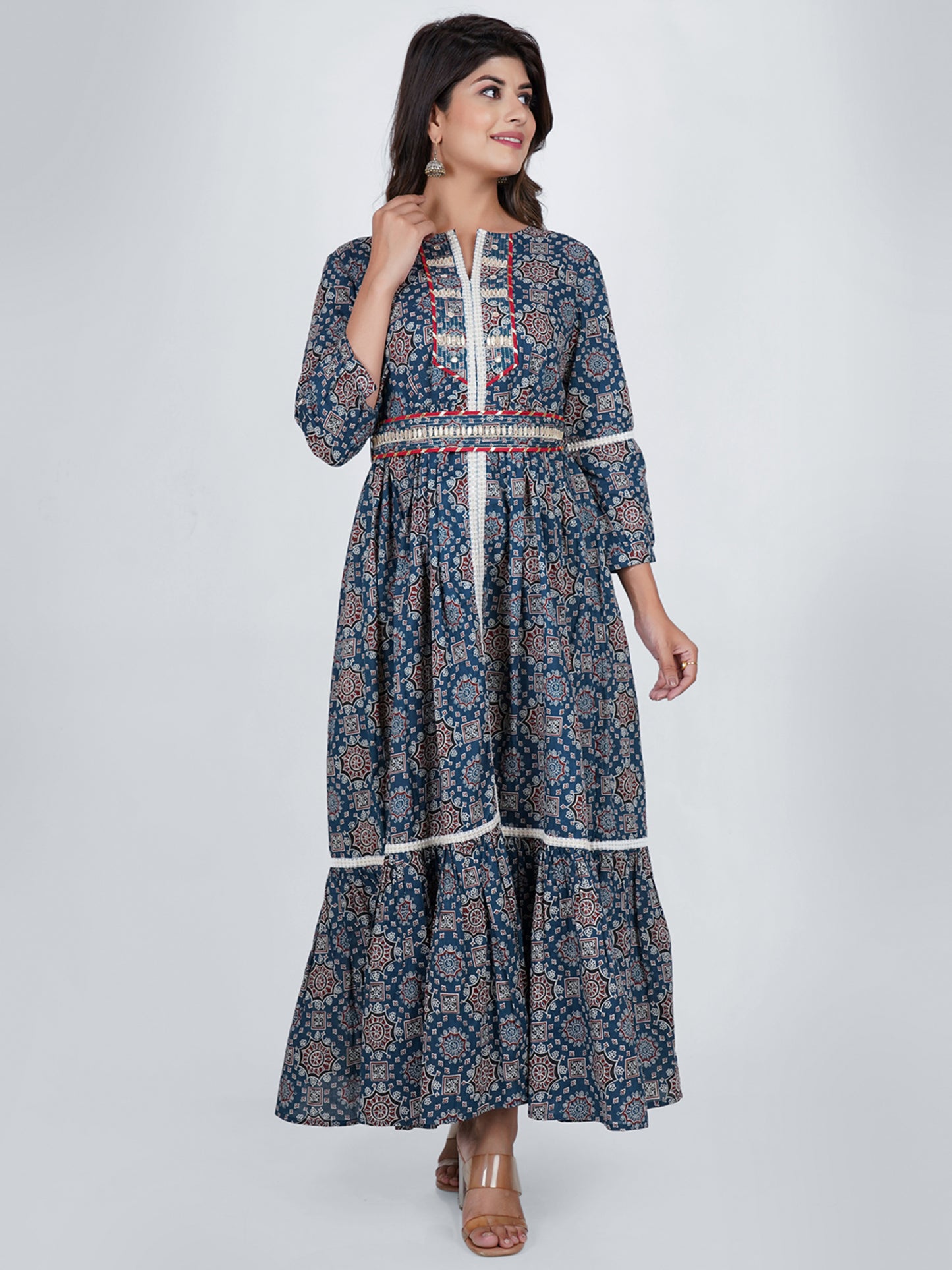 PUKHYA AJHRAKH COTTON PRINTED TIER DRESS WITH BELT