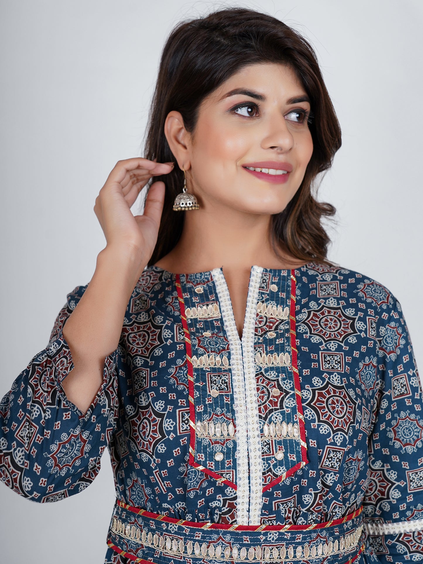 PUKHYA AJHRAKH COTTON PRINTED TIER DRESS WITH BELT