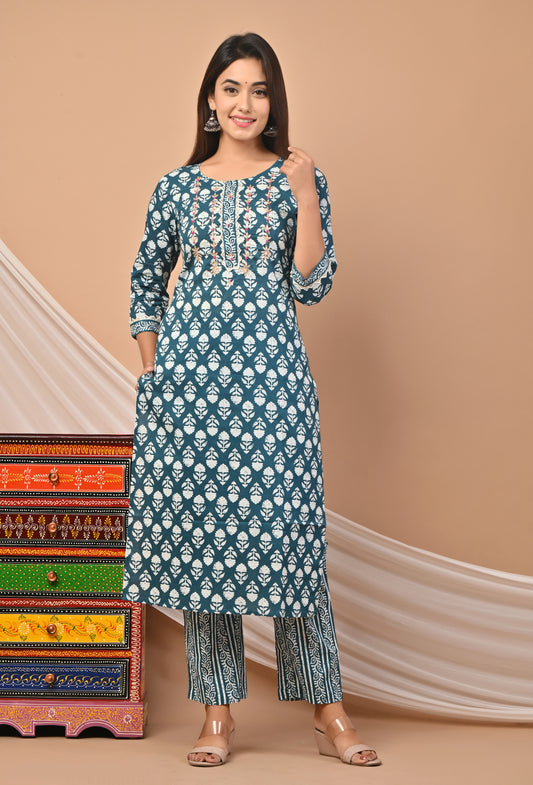 PUKHYA TURQUOISE COTTON PRINTED EMBRIODERED STRAIGHT KURTA WITH PANTS