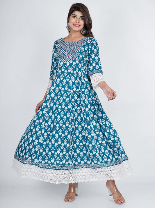 PUKHYA COTTON TURQUOISE PRINTED ANARKALI DRESS