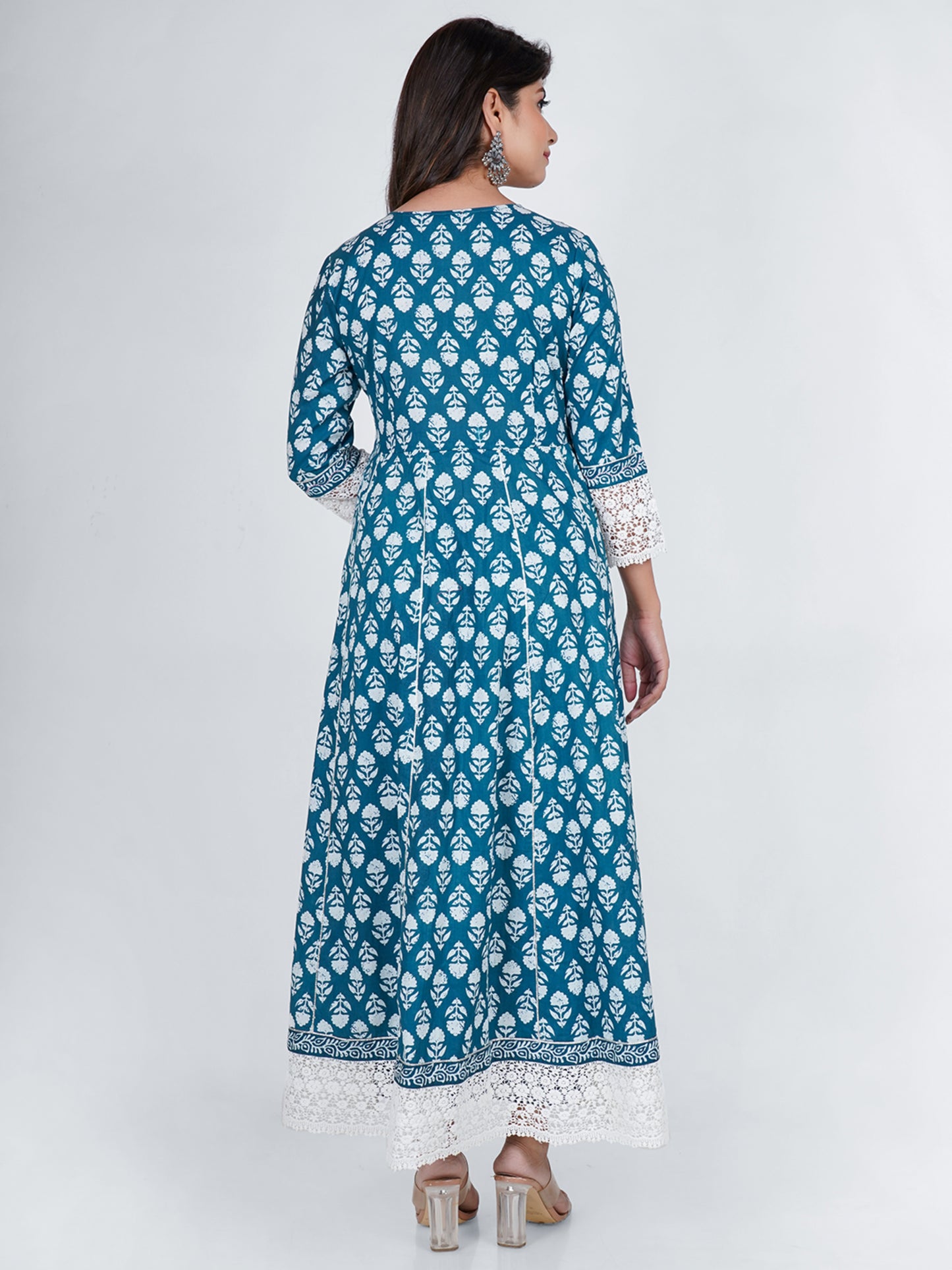 PUKHYA COTTON TURQUOISE PRINTED ANARKALI DRESS