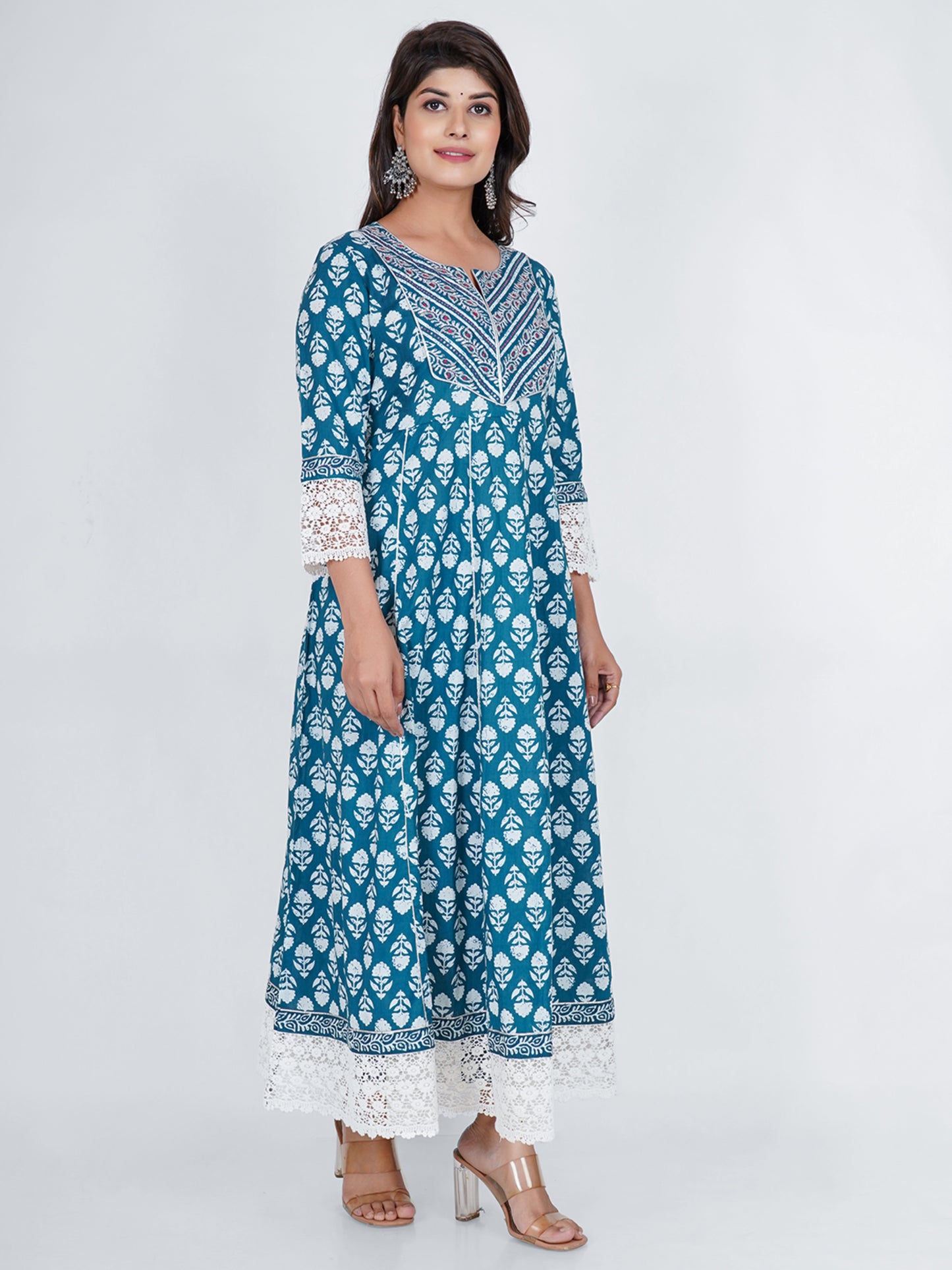 PUKHYA COTTON TURQUOISE PRINTED ANARKALI DRESS