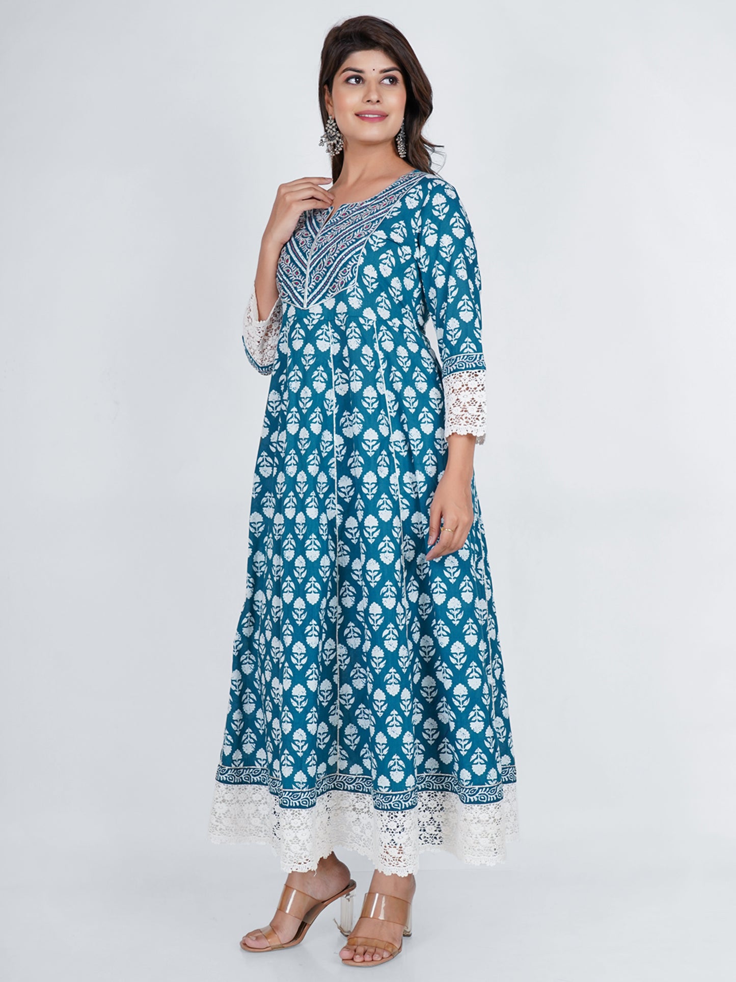 PUKHYA COTTON TURQUOISE PRINTED ANARKALI DRESS