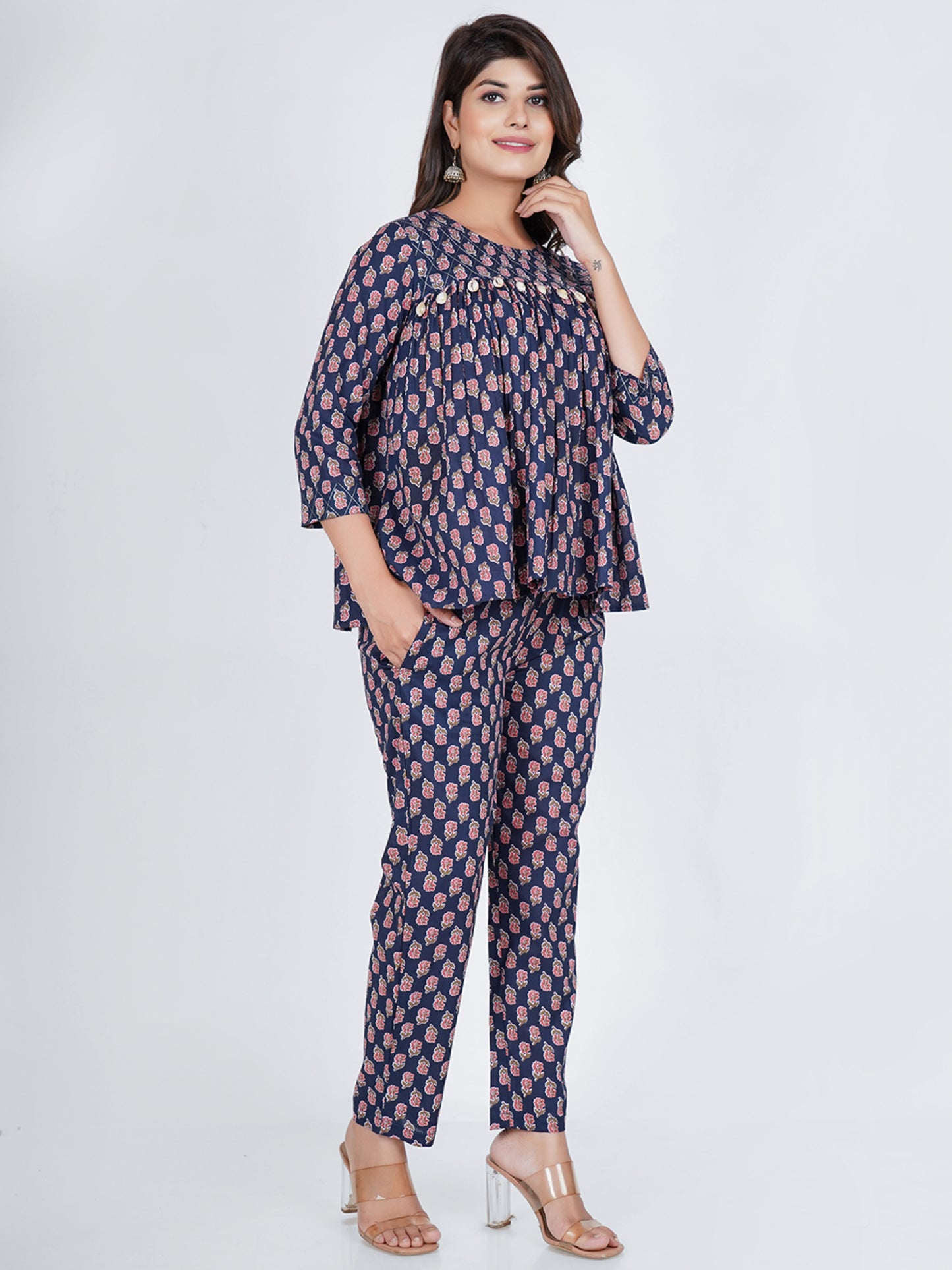 PUKHYA COTTON NAVY BLUE PRINTED CO-ORD SET