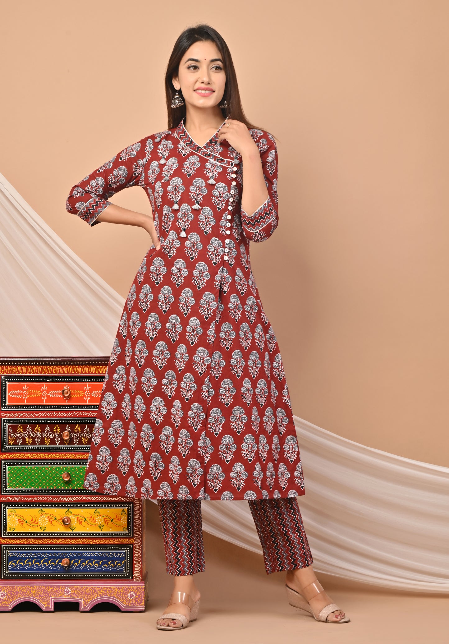 PUKHYA MAROON COTTON PRINTED WRAP KURTA WITH PANTS