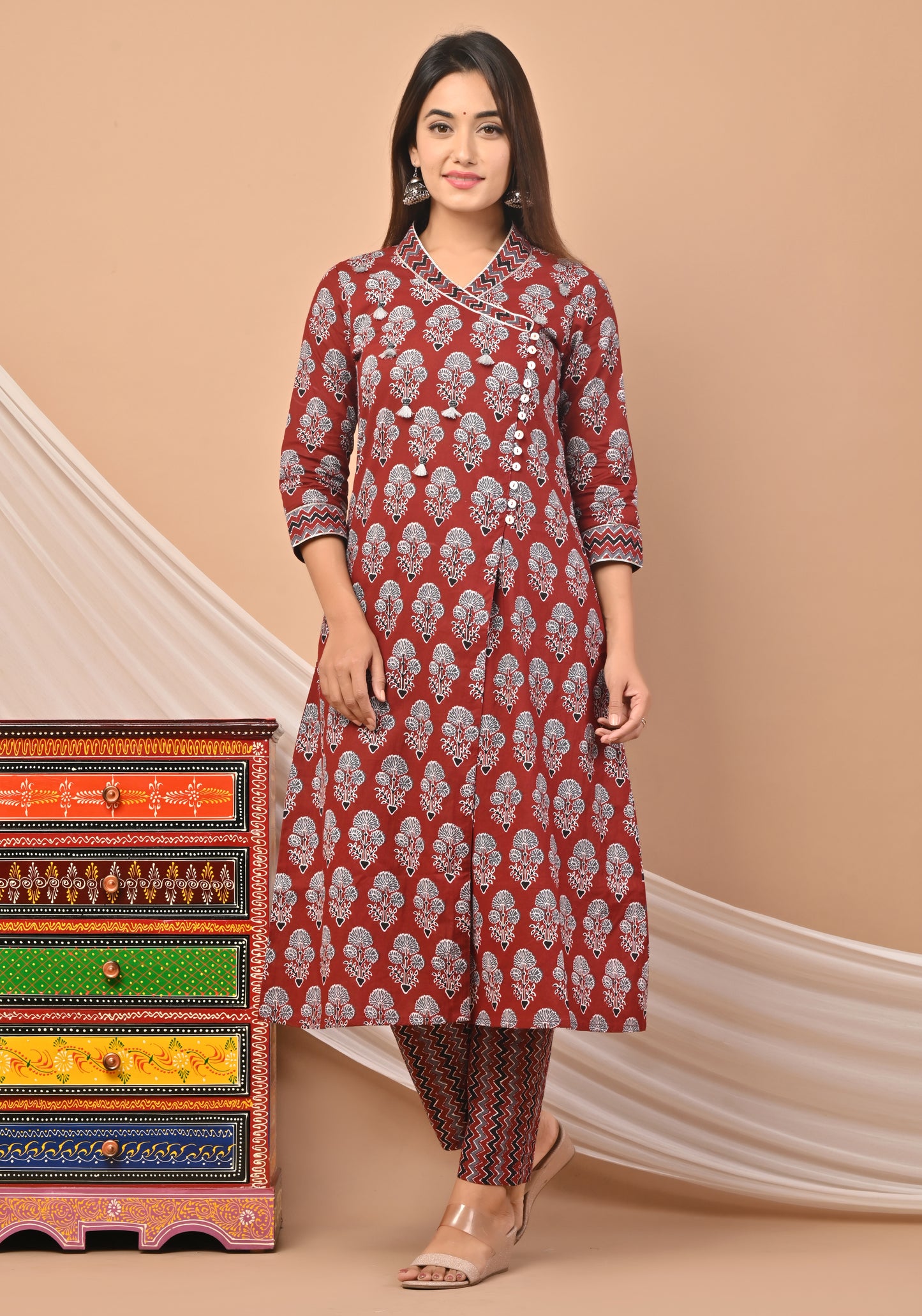 PUKHYA MAROON COTTON PRINTED WRAP KURTA WITH PANTS