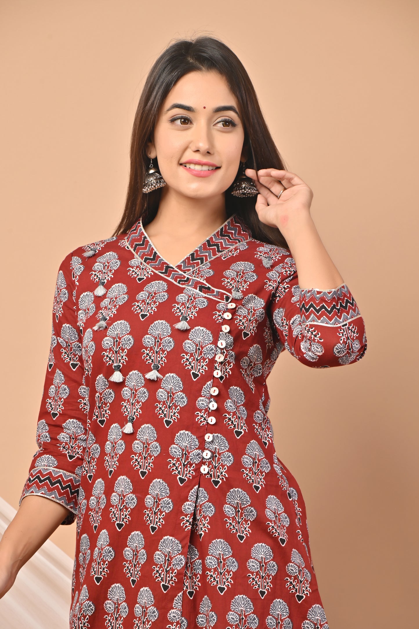 PUKHYA MAROON COTTON PRINTED WRAP KURTA WITH PANTS