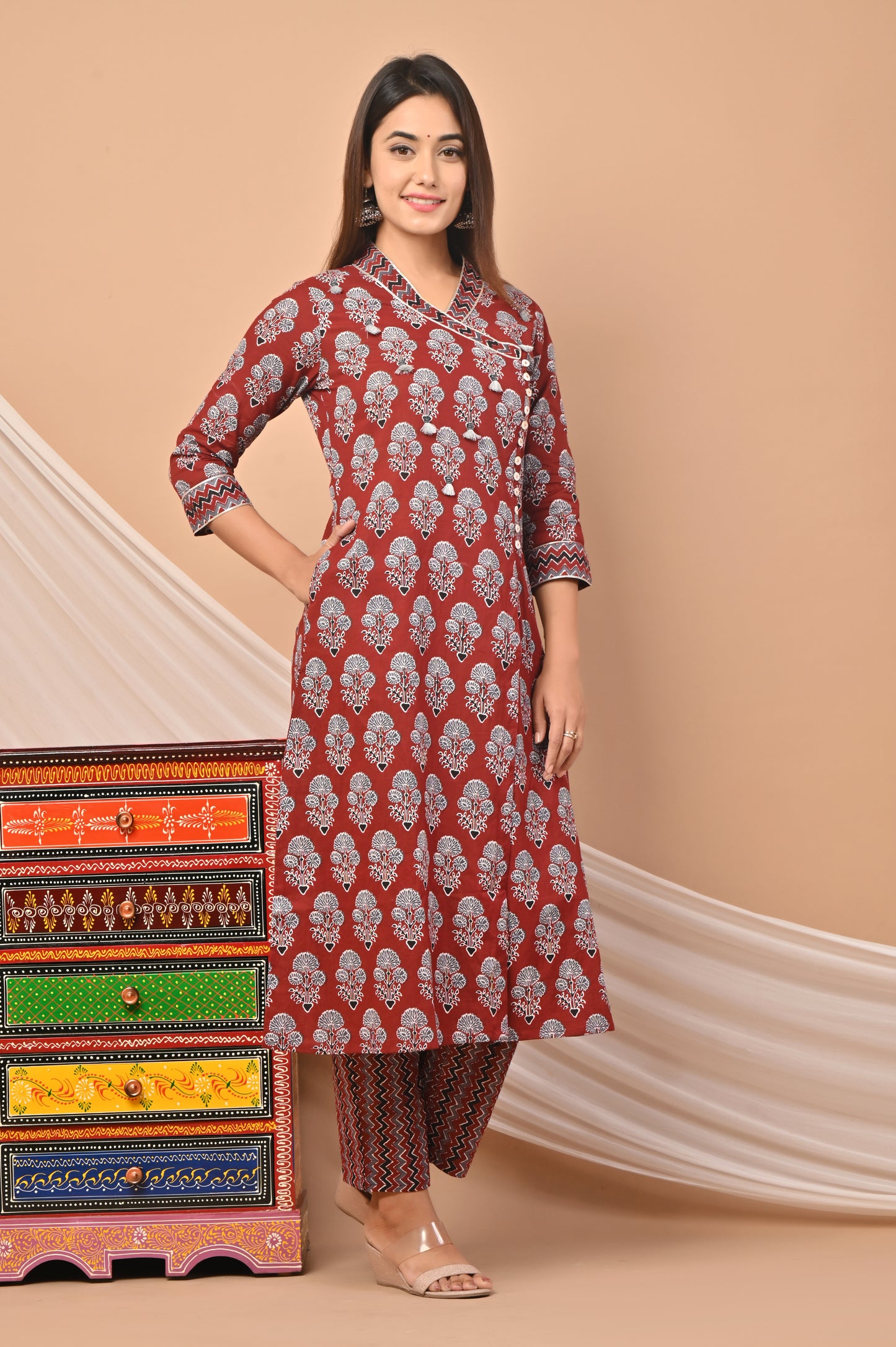 PUKHYA MAROON COTTON PRINTED WRAP KURTA WITH PANTS