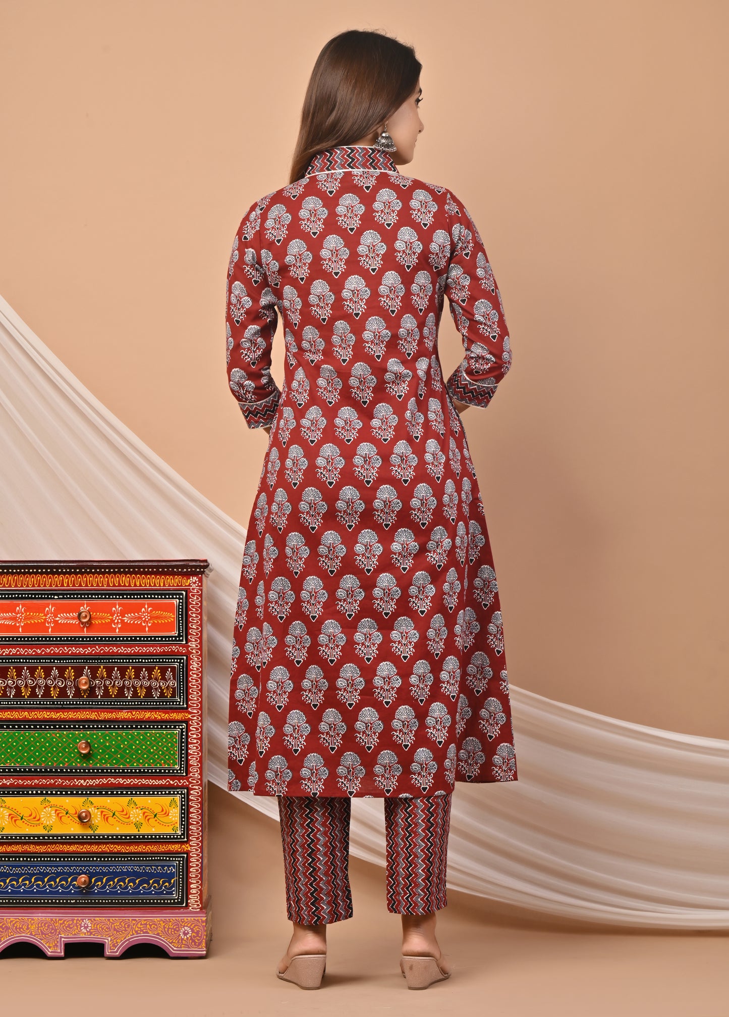 PUKHYA MAROON COTTON PRINTED WRAP KURTA WITH PANTS