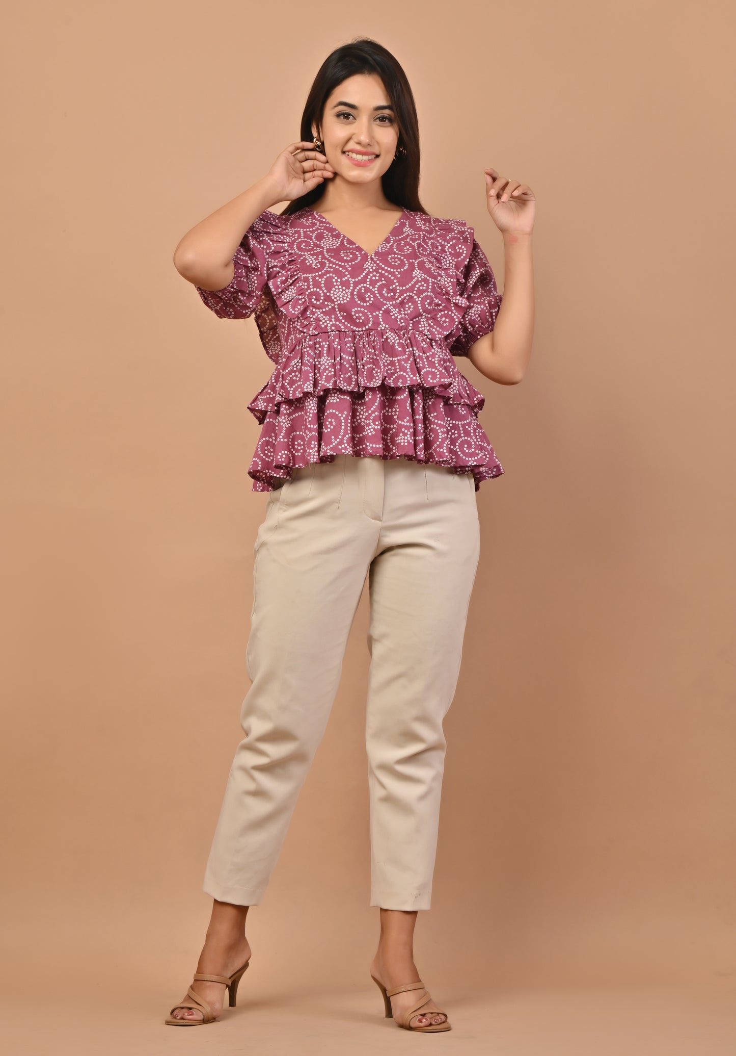 PUKHYA PURPLE COTTON BANDHEJ PRINTED TOP