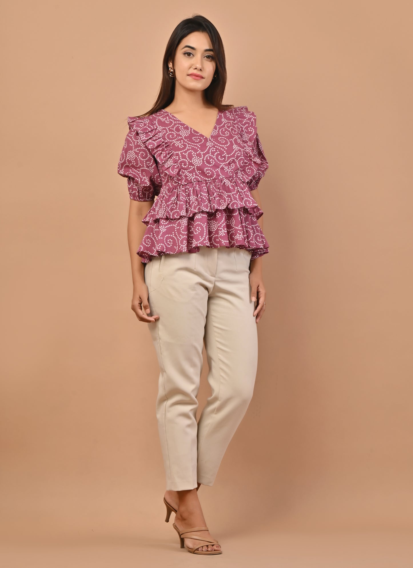 PUKHYA PURPLE COTTON BANDHEJ PRINTED TOP