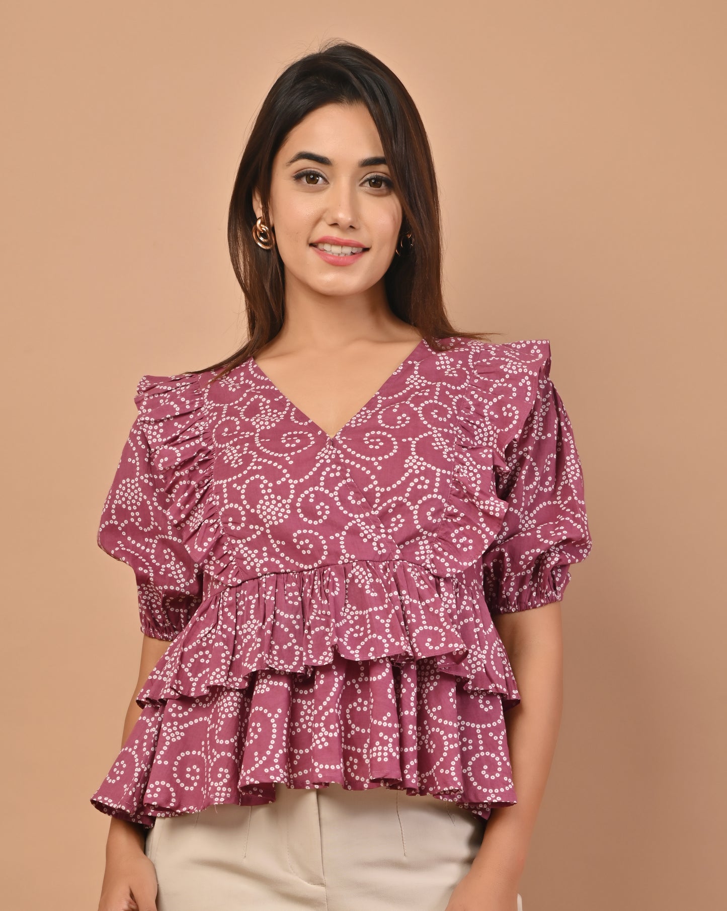 PUKHYA PURPLE COTTON BANDHEJ PRINTED TOP