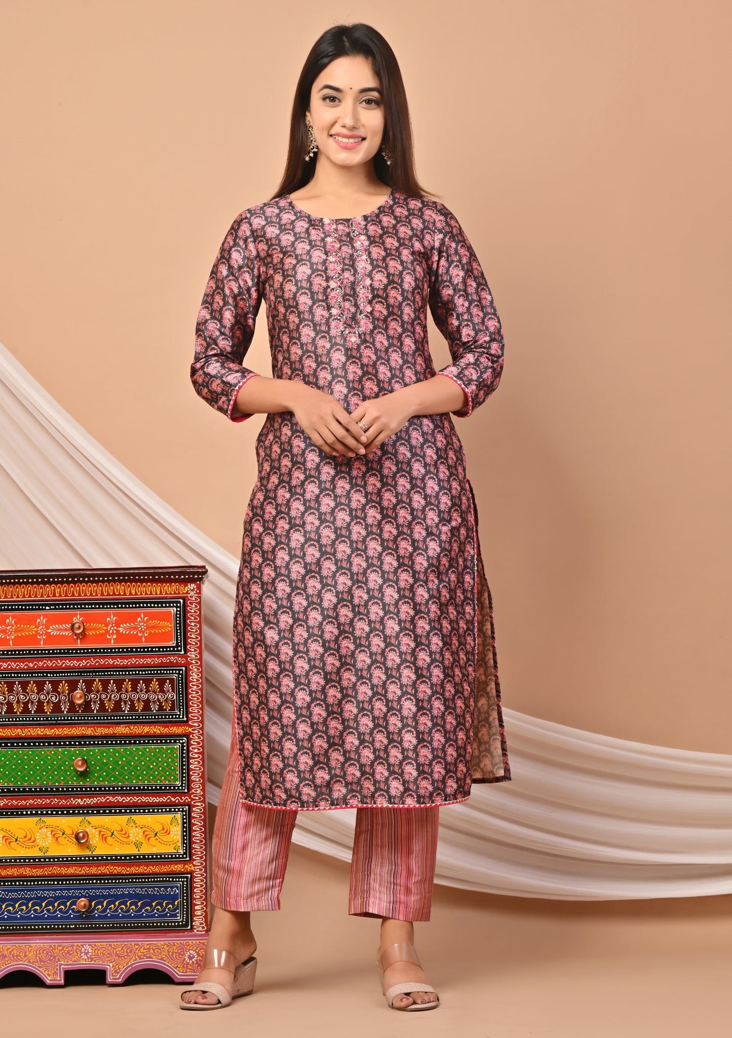 PUKHYA PINK PRINTED CHANDERI KURTA WITH PANTS