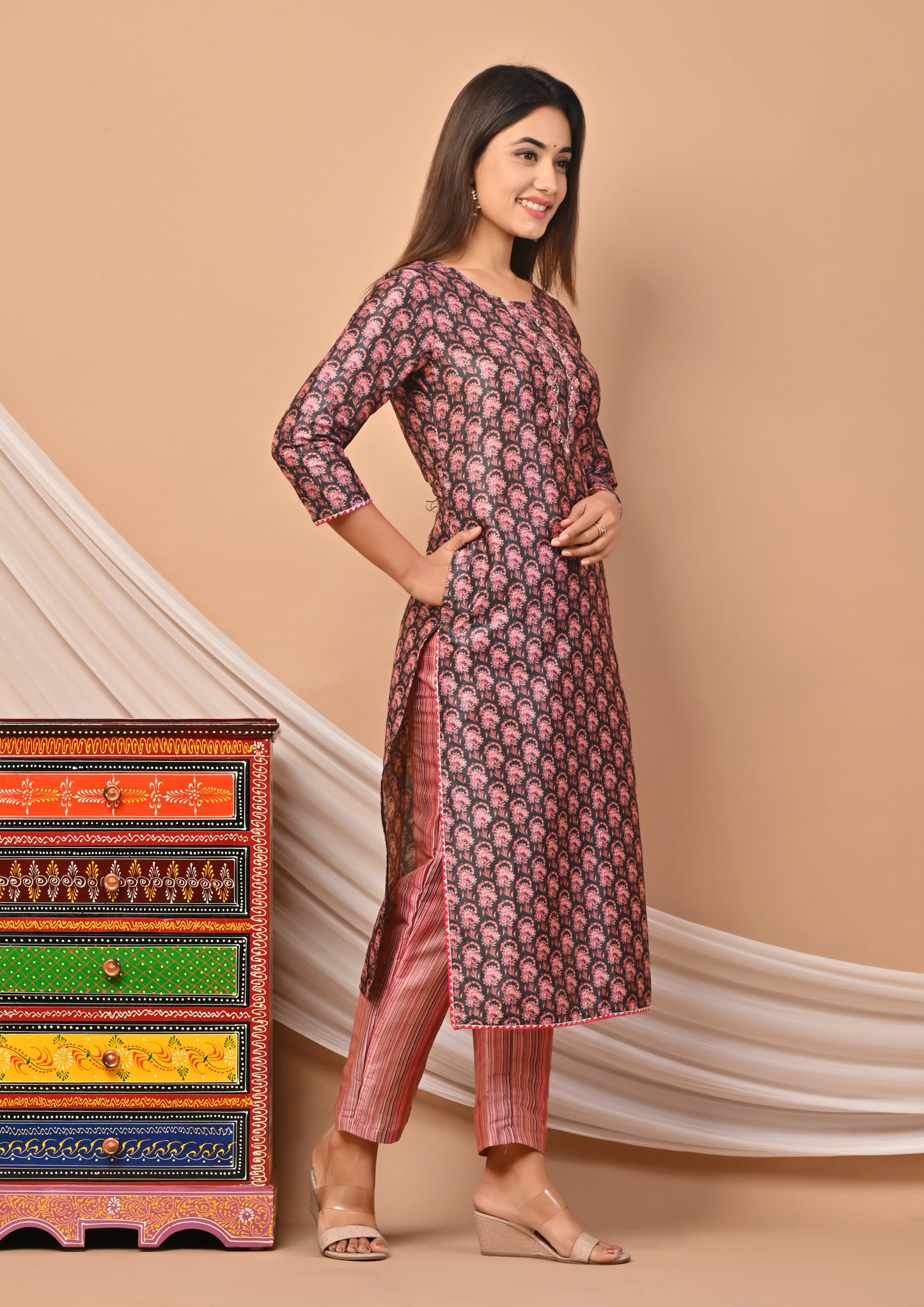 PUKHYA PINK PRINTED CHANDERI KURTA WITH PANTS