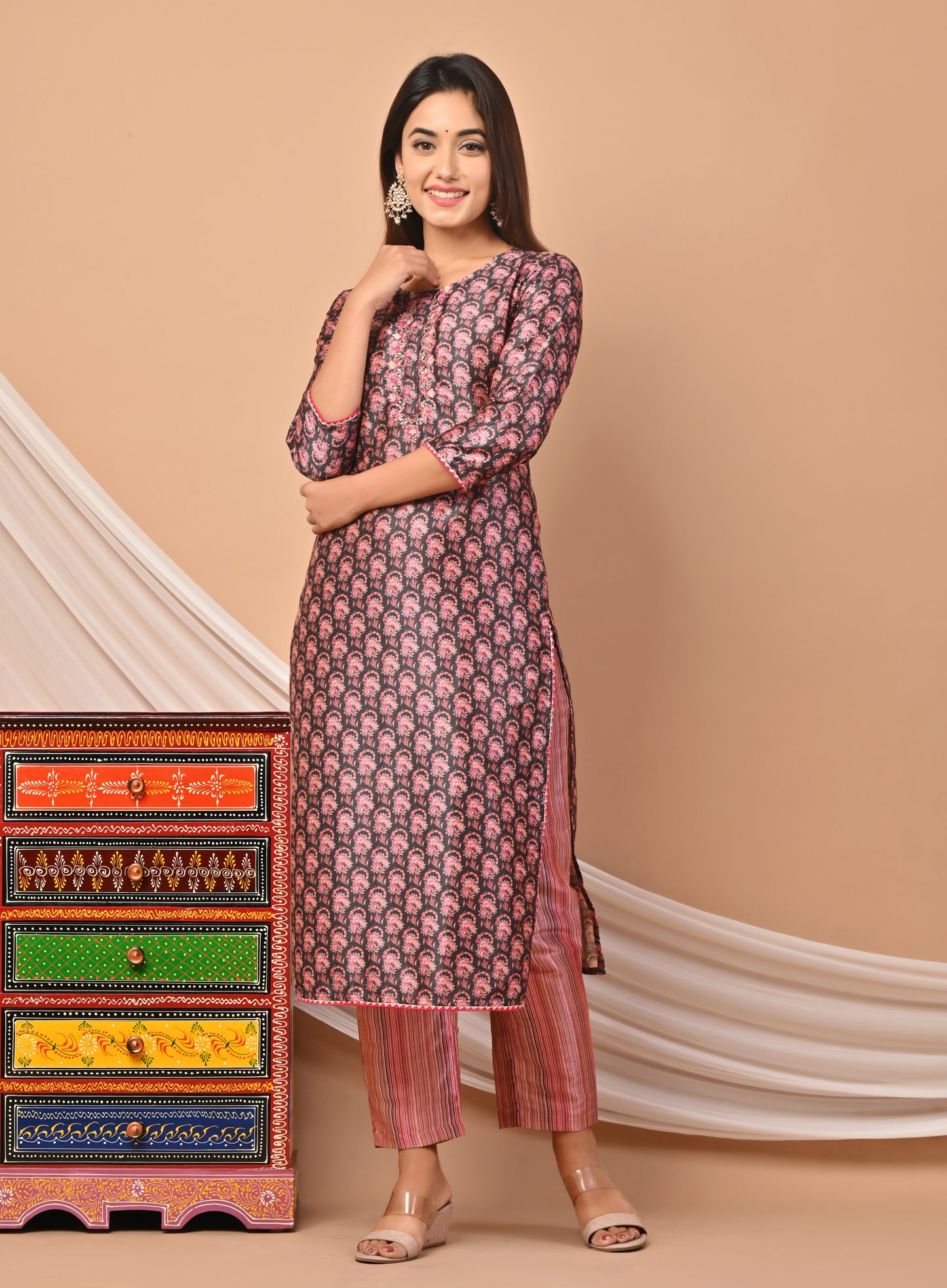 PUKHYA PINK PRINTED CHANDERI KURTA WITH PANTS