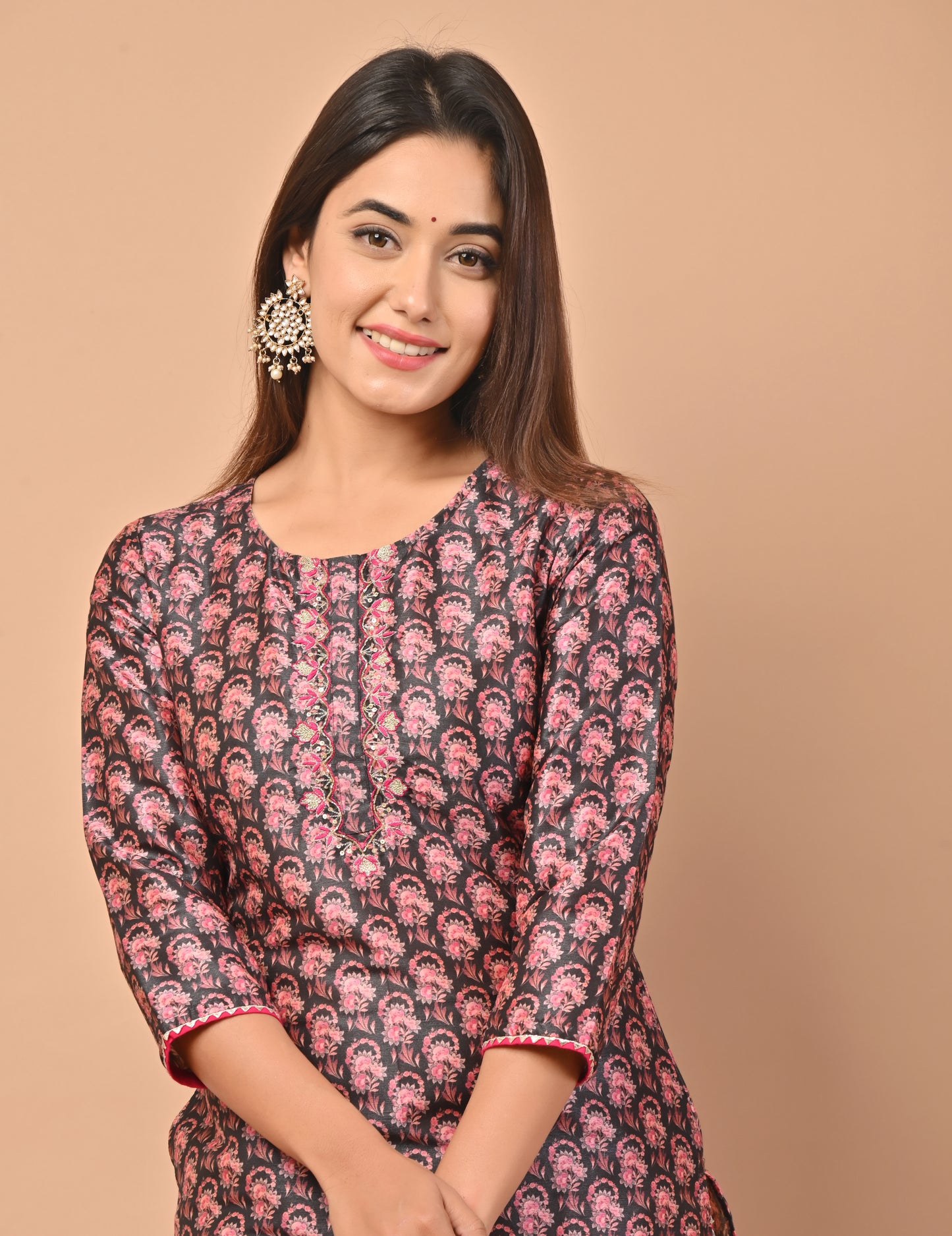 PUKHYA PINK PRINTED CHANDERI KURTA WITH PANTS