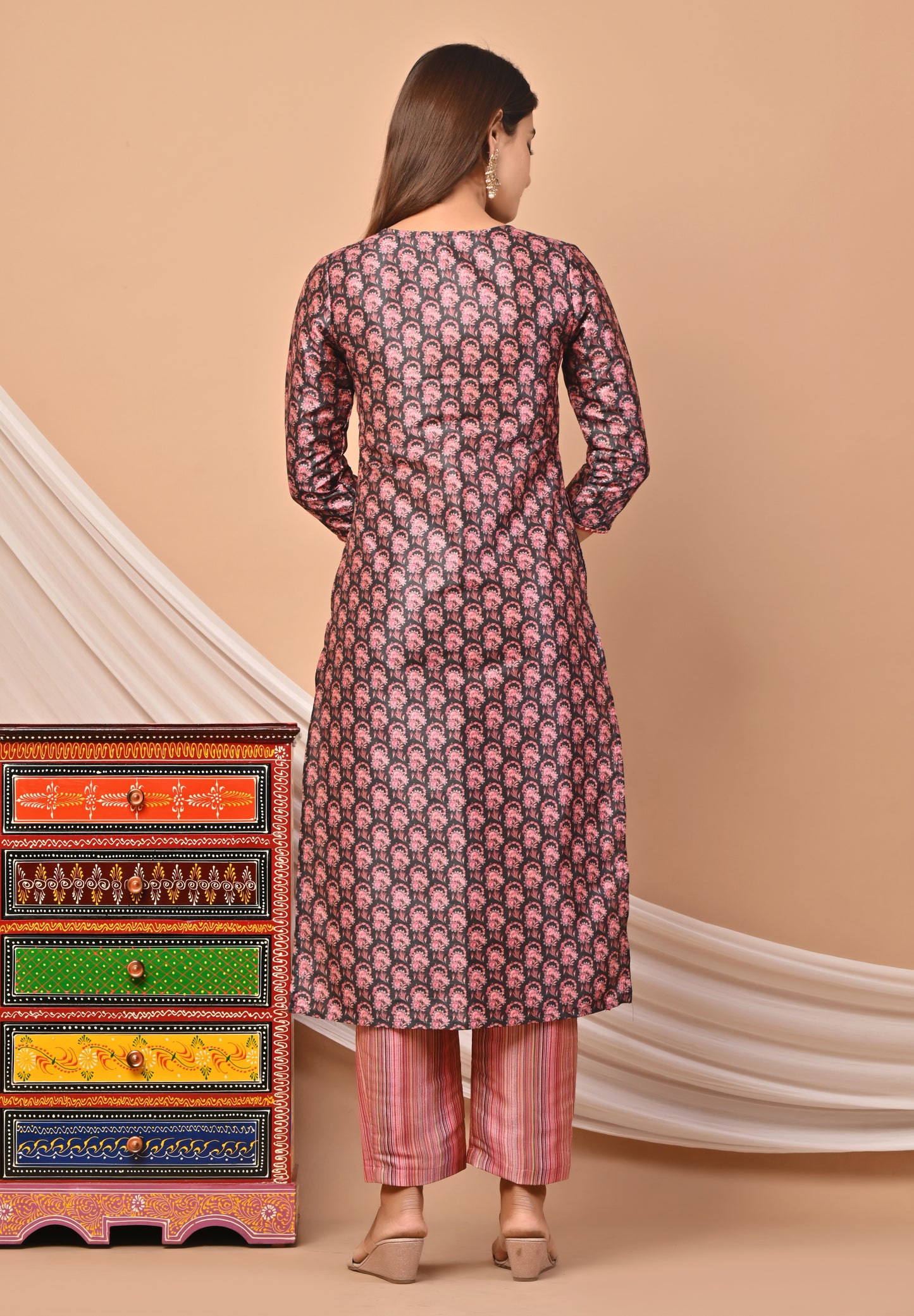 PUKHYA PINK PRINTED CHANDERI KURTA WITH PANTS