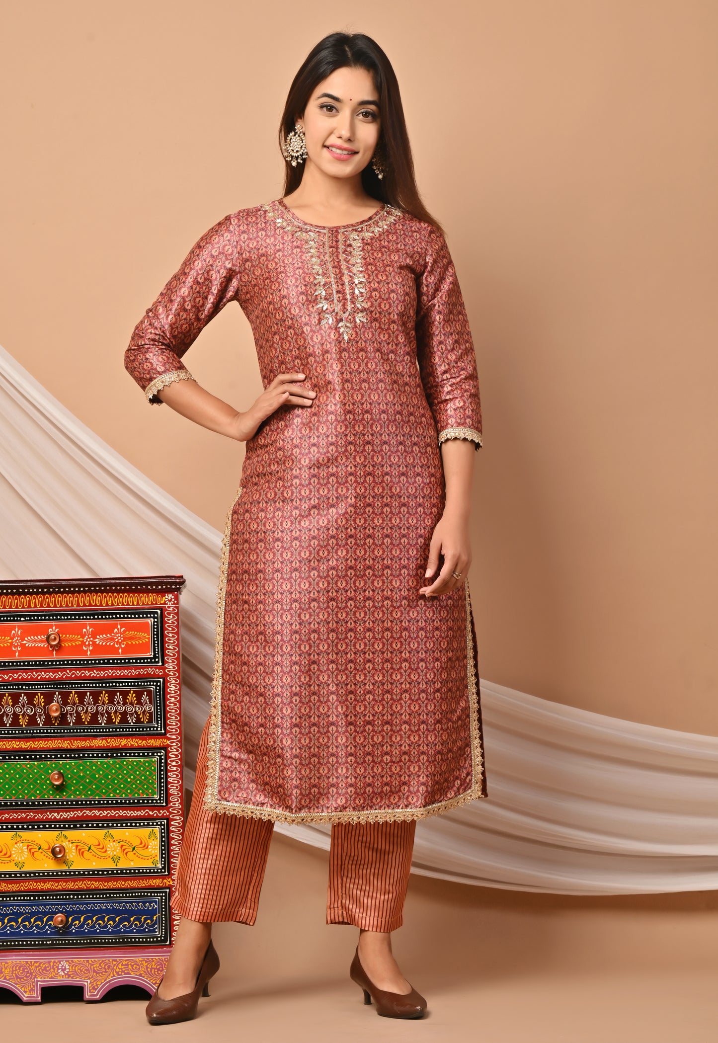 PUKHYA ORANGE PRINTED CHANDERI KURTA WITH PANTS