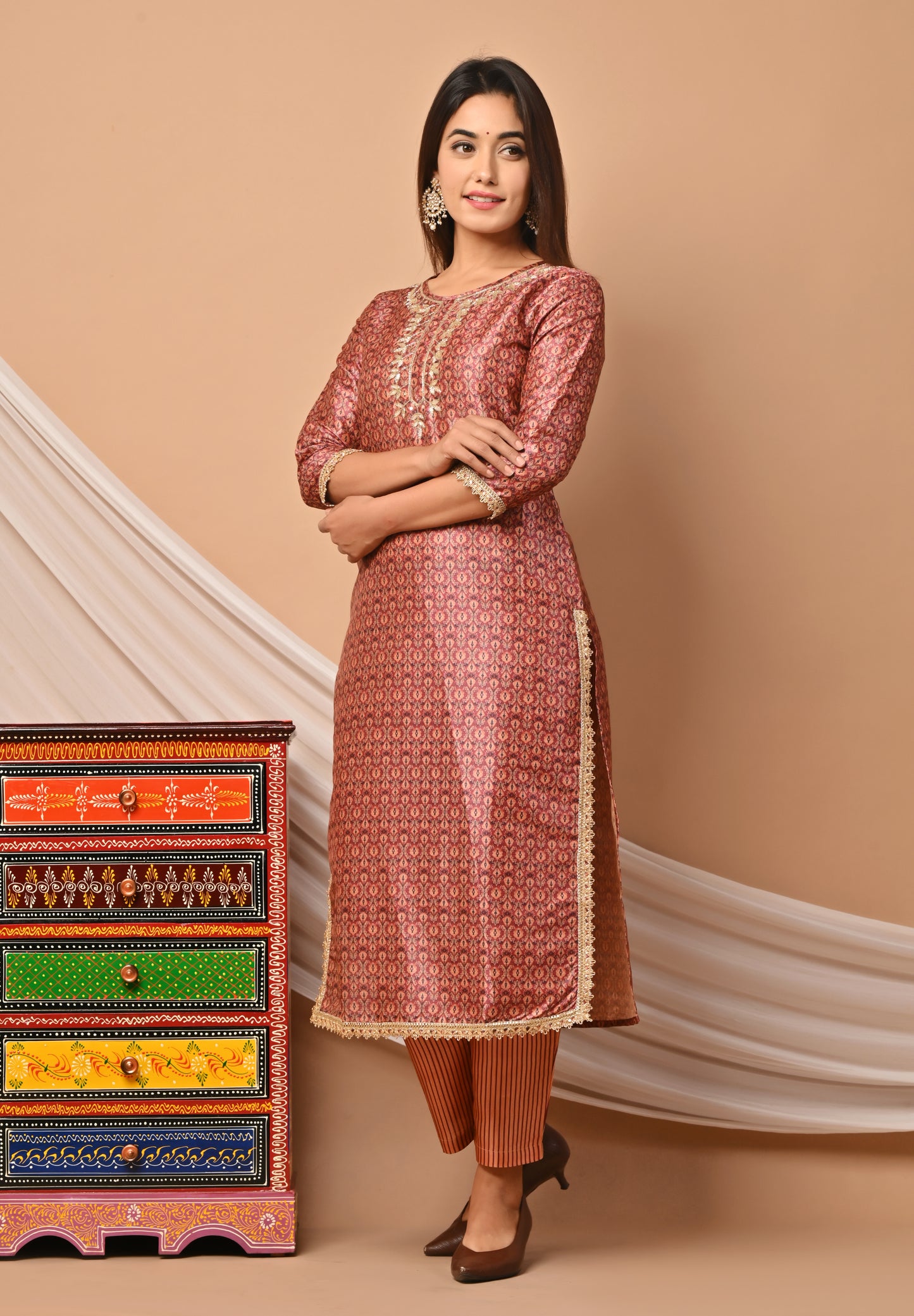 PUKHYA ORANGE PRINTED CHANDERI KURTA WITH PANTS