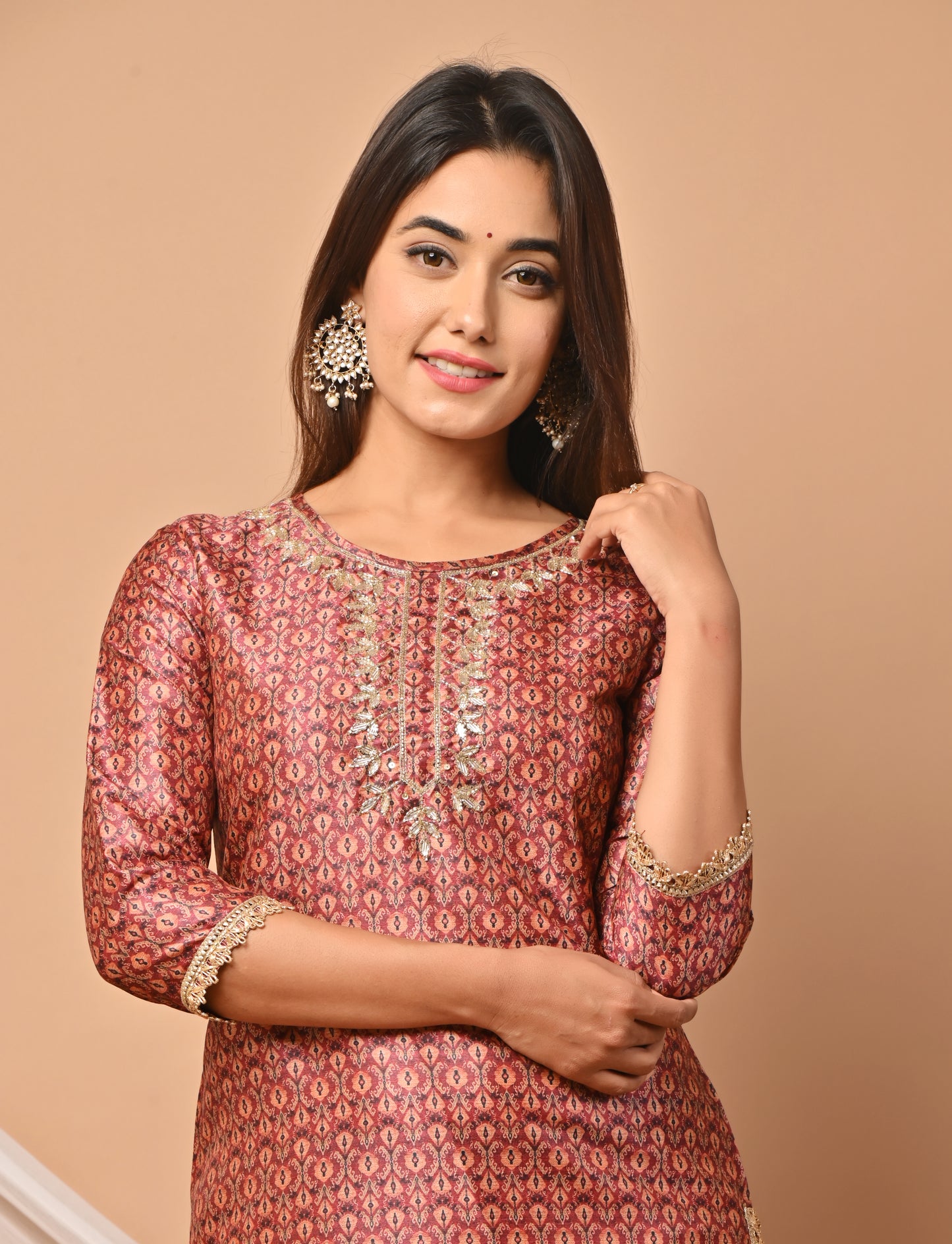 PUKHYA ORANGE PRINTED CHANDERI KURTA WITH PANTS