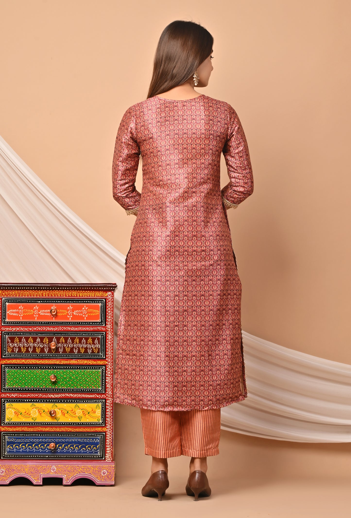 PUKHYA ORANGE PRINTED CHANDERI KURTA WITH PANTS