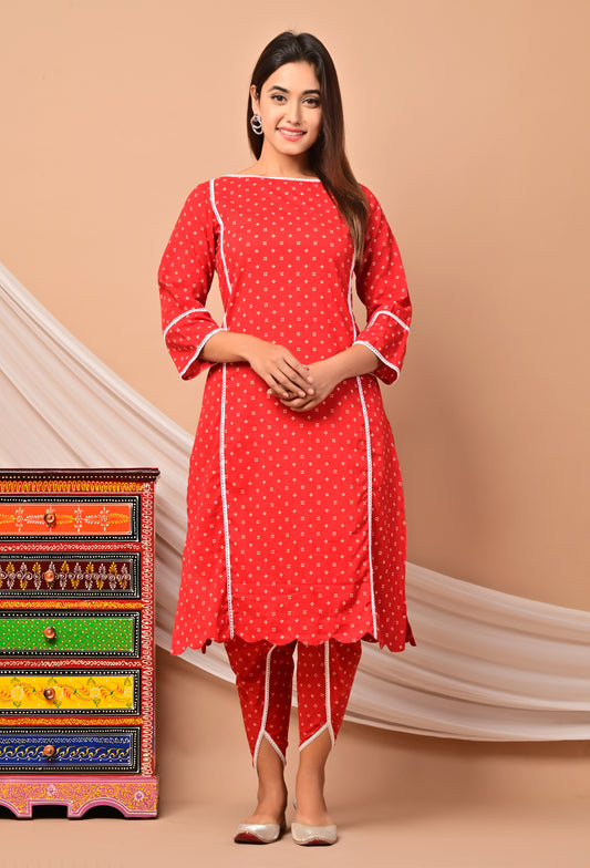 PUKHYA RED COTTON PRINTED KURTA WITH DHOTI